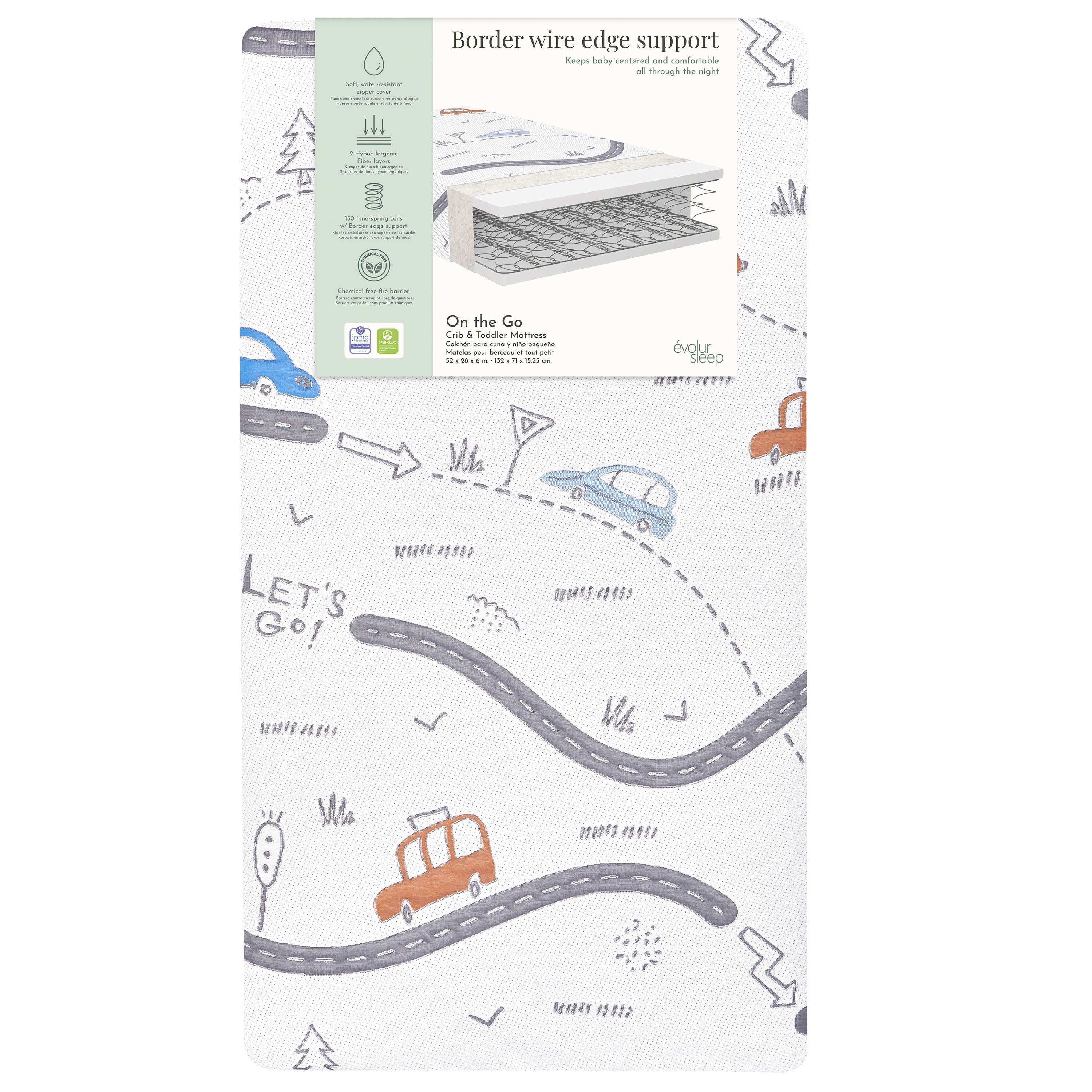 Evolur 150 Coil Inner Spring On The Go Mattress, fits All Full-Size Cribs & Toddler Beds / Greenguard Gold environment safe baby mattress/ JPMA certified Infant Mattress/ Removable Zipper cover