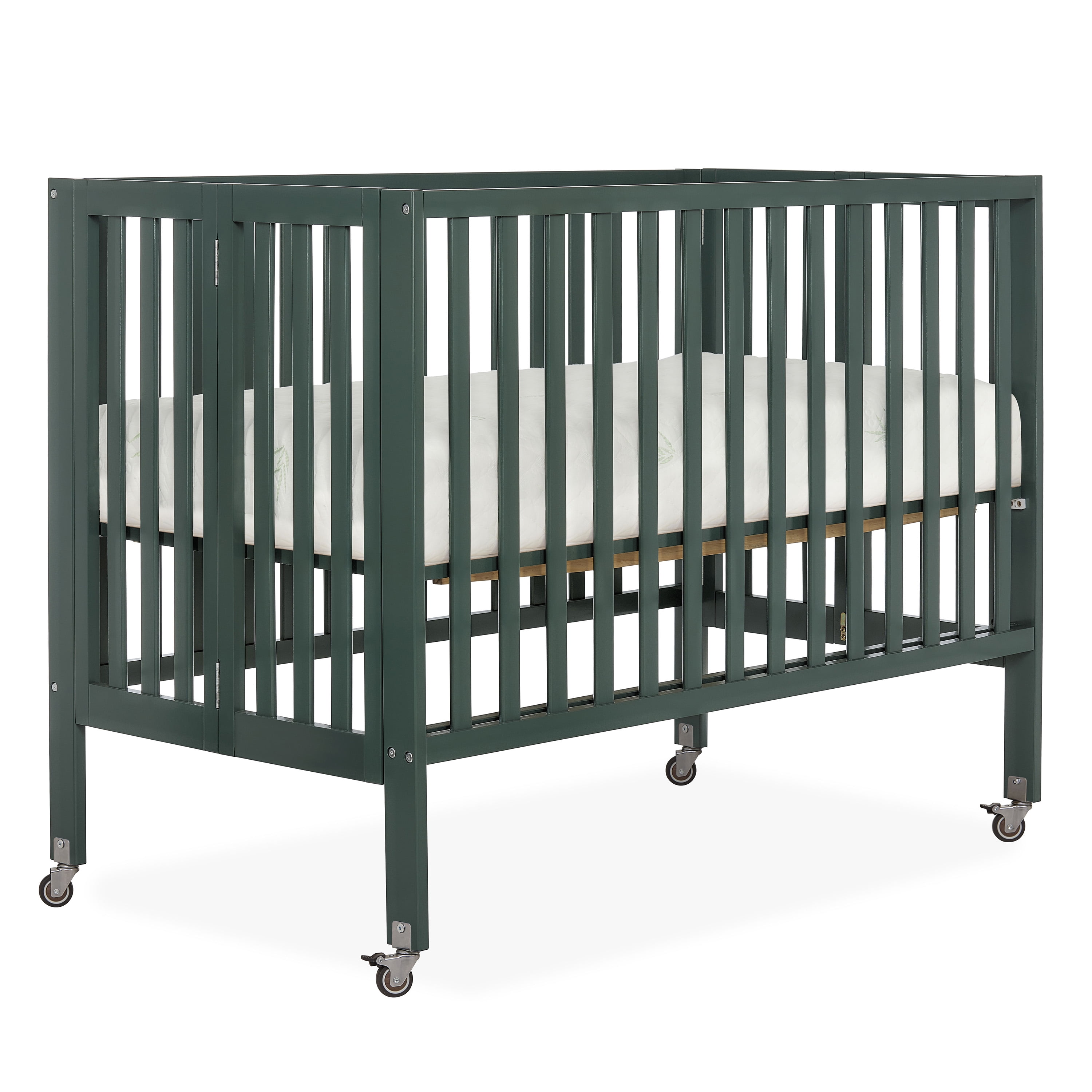 Dream On Me Quinn Full-Size Folding Crib, Removable Wheels, Modern Nursey, Adjustable Mattress Support, Patent Folding System in Olive