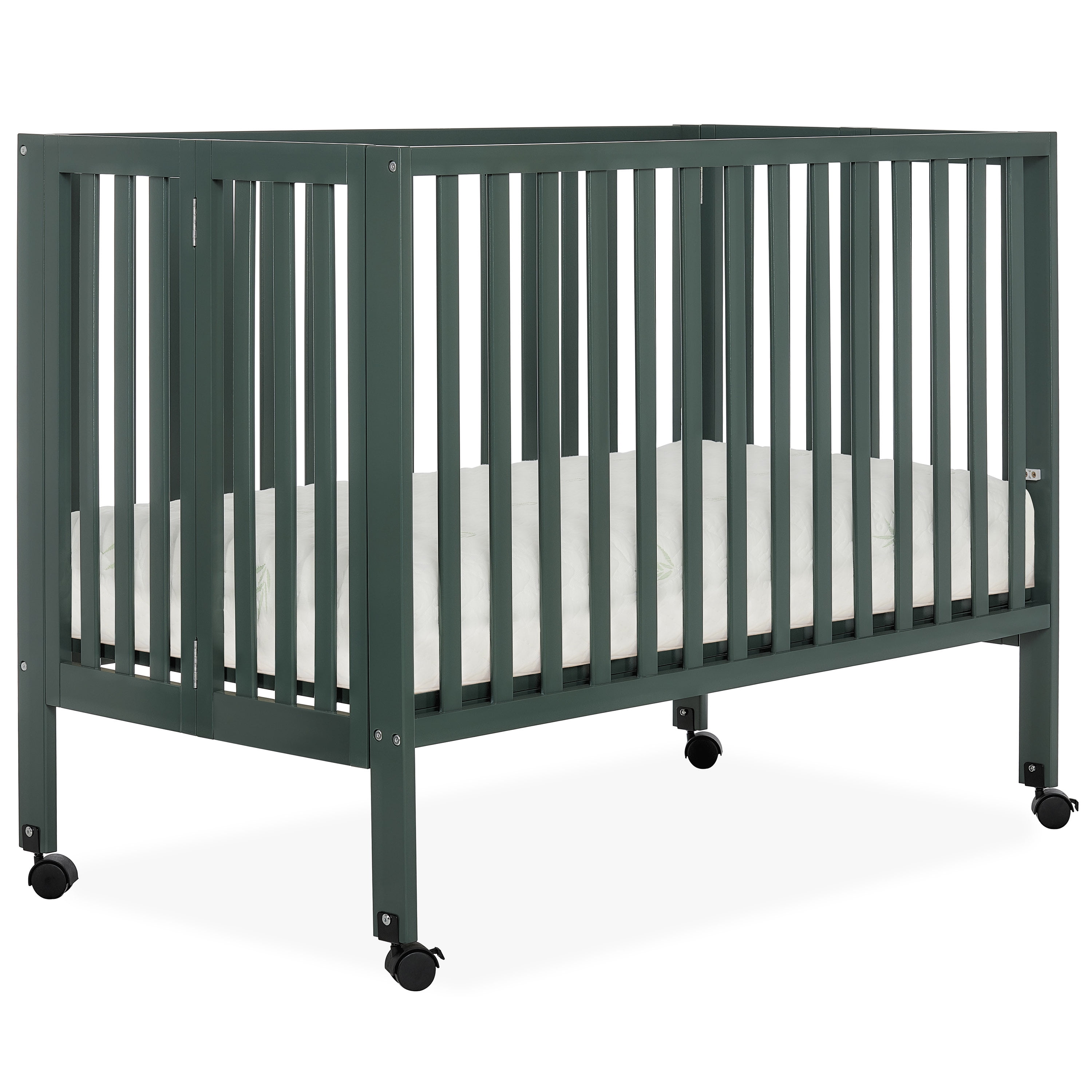Dream On Me Quinn Full-Size Folding Crib, Removable Wheels, Modern Nursey, Adjustable Mattress Support, Patent Folding System in Olive