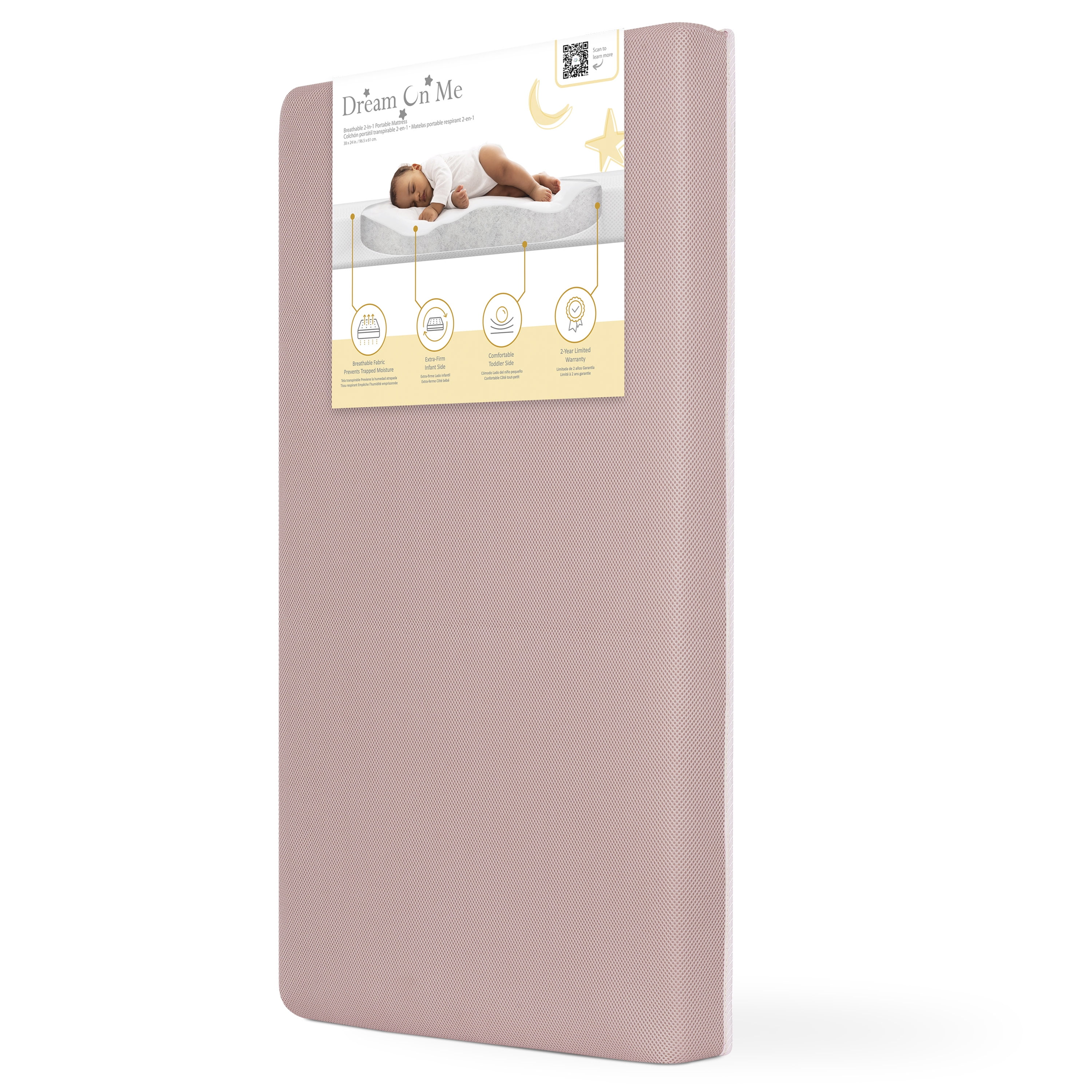 Dream On Me Snuggles Breathable Extra Firm Baby Portable/Mini Crib Foam Mattress, Dusty Rose