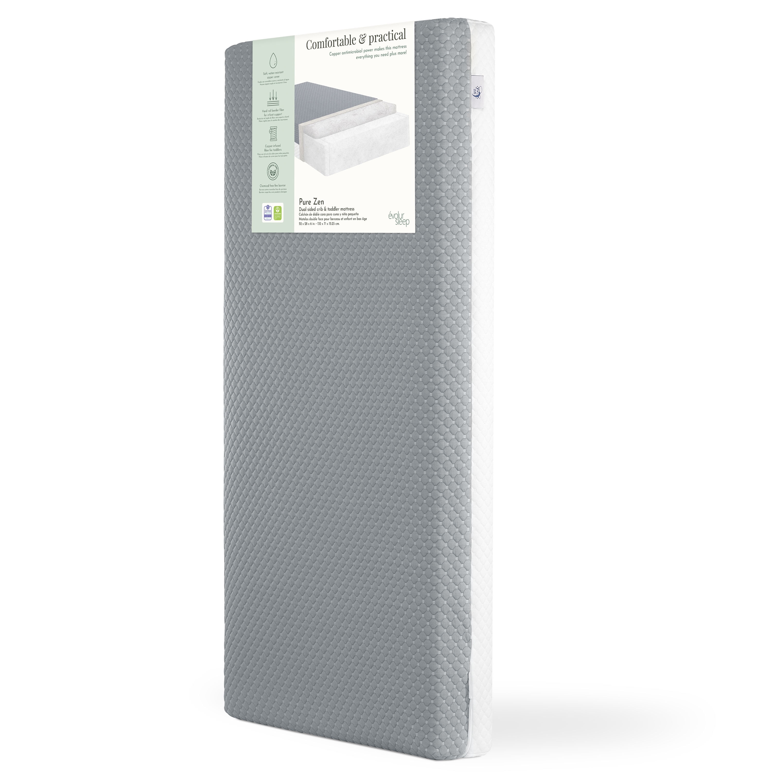 Evolur Pure Zen 2 in 1 Crib & Toddler Mattress, White and Grey, Greenguard Gold Certified