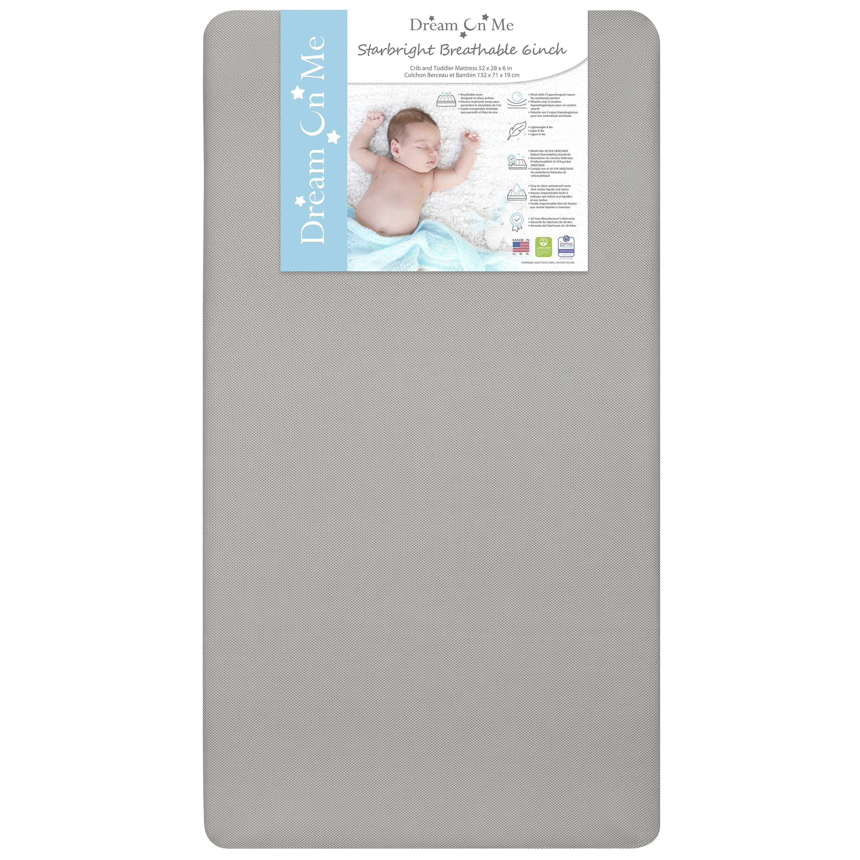 Dream on Me Starbright Breathable Foam Crib & Toddler Mattress in Grey (Fits Full Size Cribs and Toddler Beds)