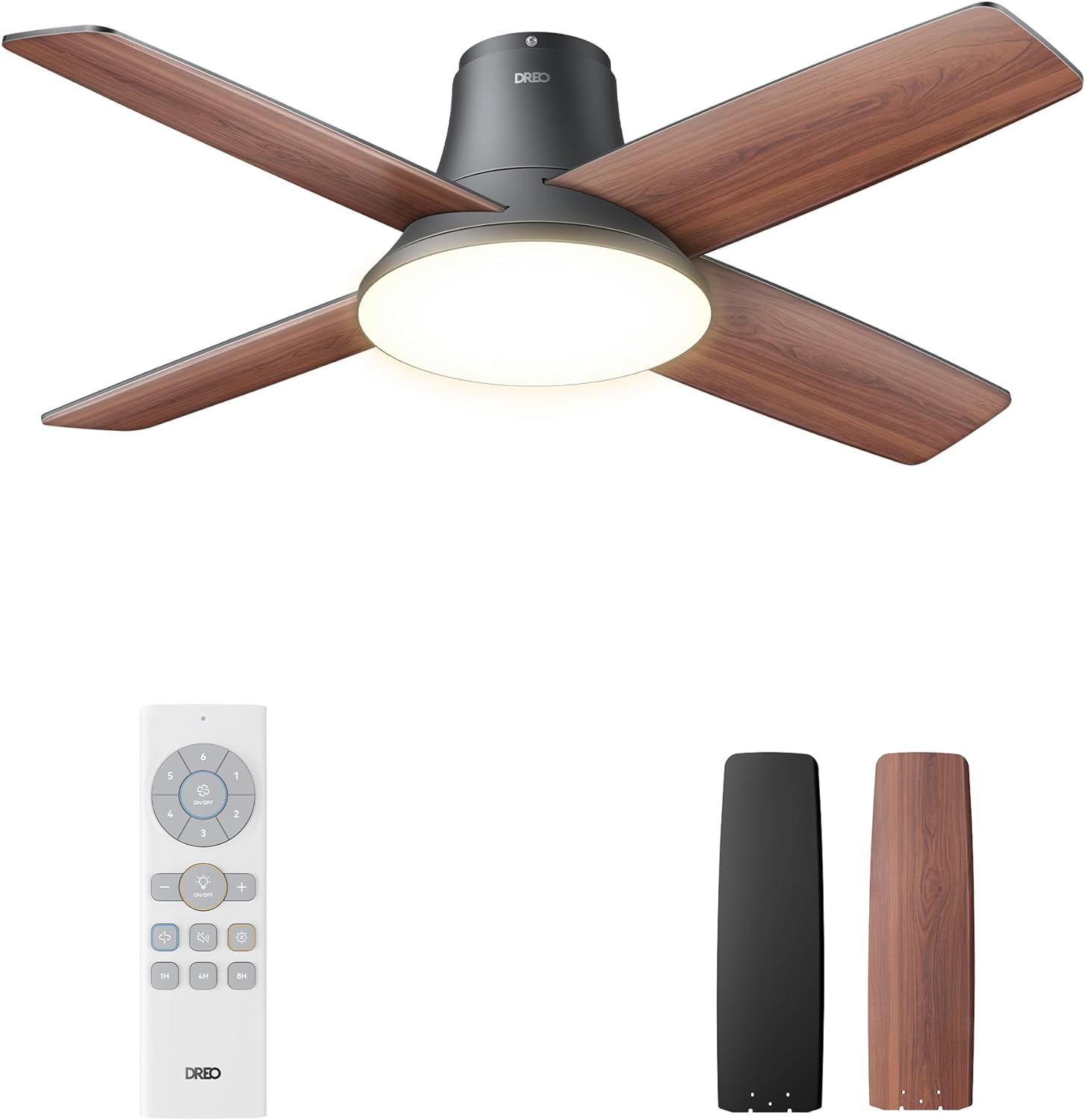 Dreo Ceiling Fans with Lights and Remote, 44'' Low Profile Ceiling Fan for Indoor Bedroom, 6-Level Dimmable Lighting & 5-Color Tone, 6 Speeds, Reversible DC Motor, Easy Installation, Black