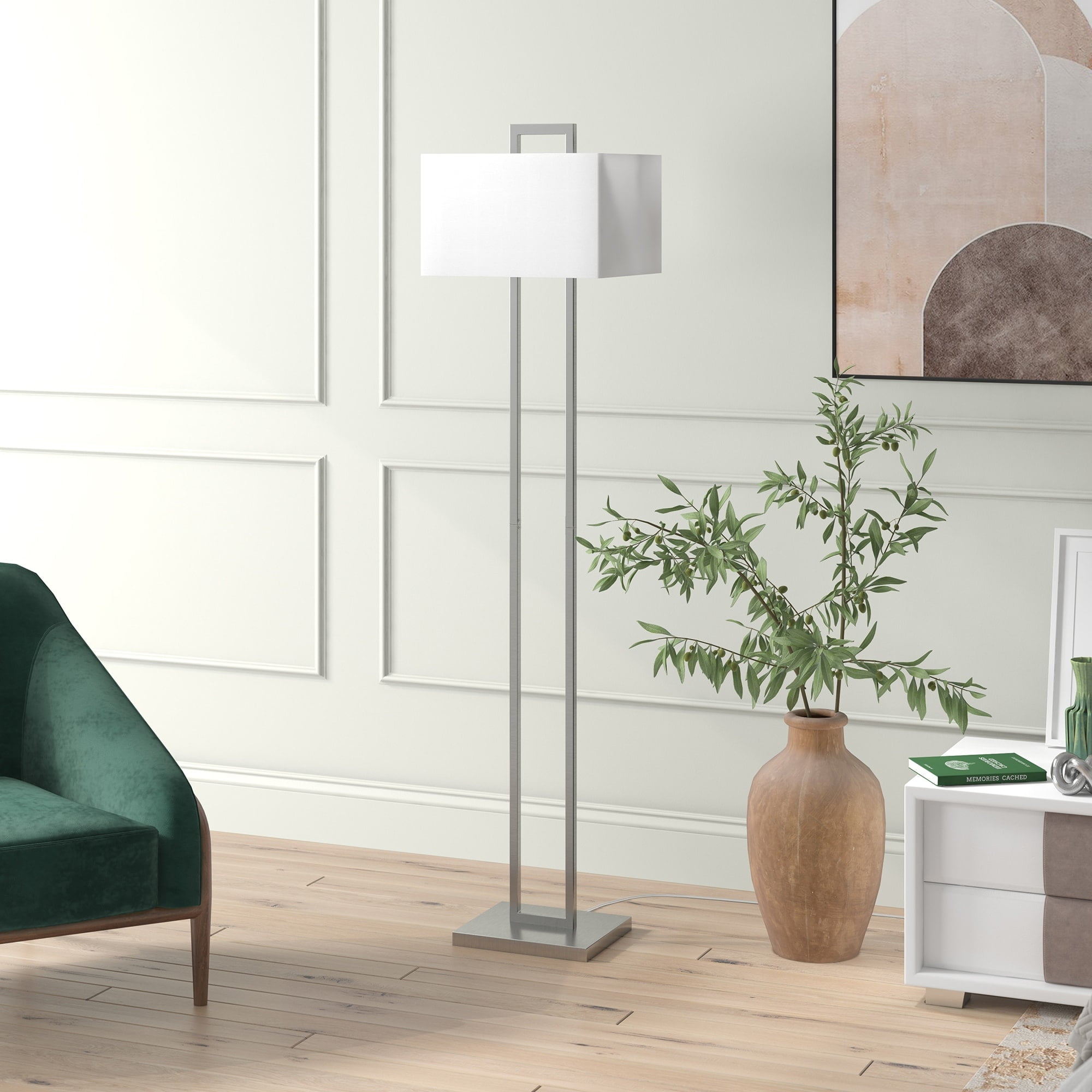 Evelyn&Zoe Adair 68" Tall Floor Lamp with Fabric Shade, Brushed Nickel/White