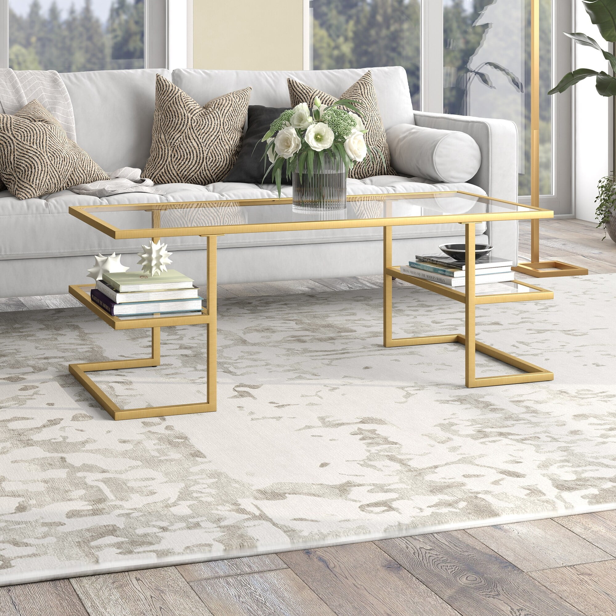 Evelyn&Zoe Circe 47" Wide Rectangular Coffee Table, Brass
