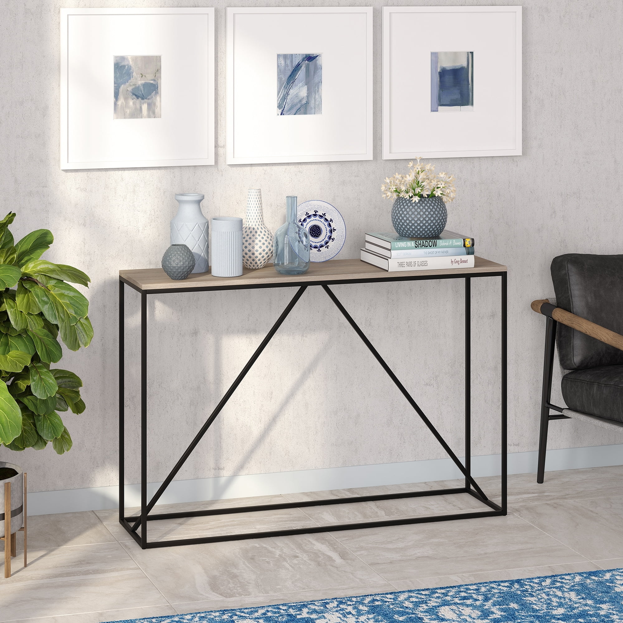 Evelyn&Zoe Nia 45" Wide Rectangular Console Table, Blackened Bronze/Antiqued Gray Oak