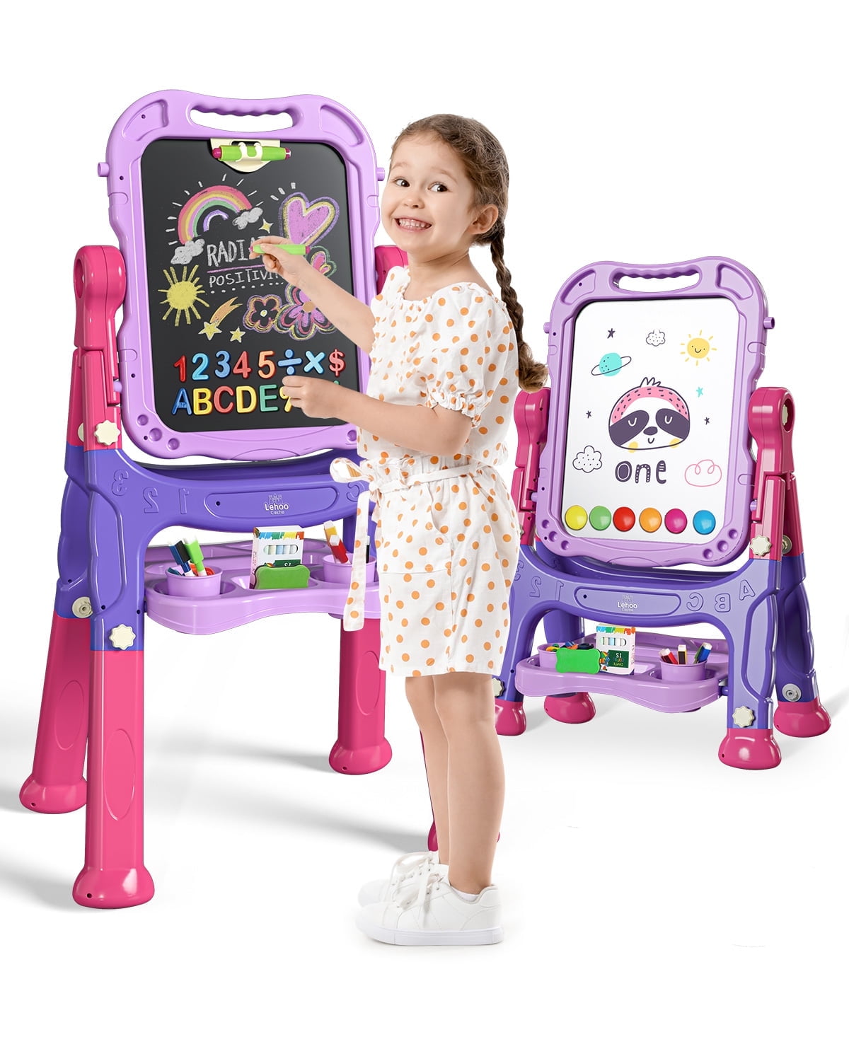 Easel for Kids, 4 in 1 Rotatable Double Sided Adjustable Standing Kids Art Easel Drawing Board White Board Chalkboard with Painting Accessories - Purple