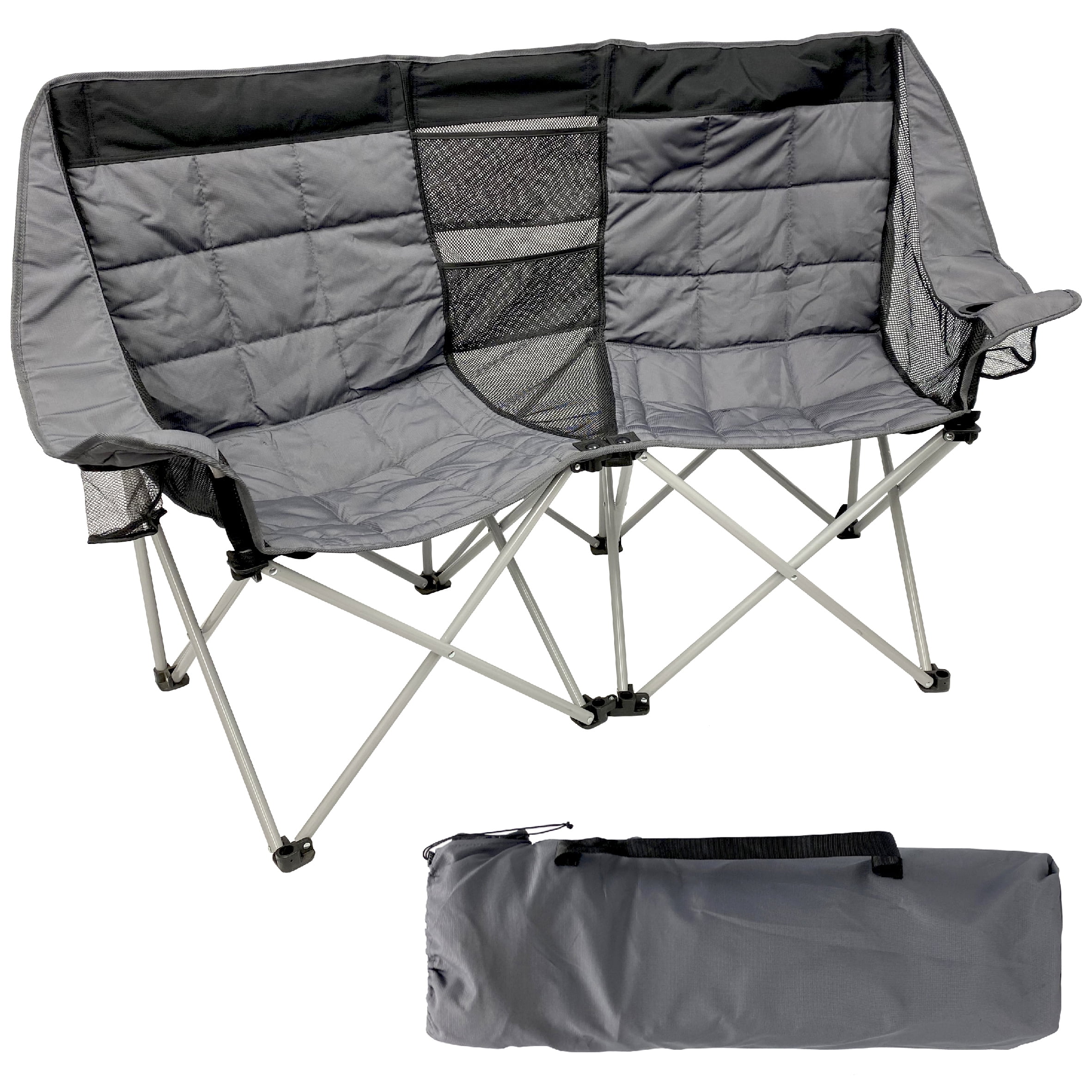 EasyGo Product Camping Chair - Double Love Seat - Heavy Duty Oversized Camping RV Chair Folds Easily and is Padded - Black Grey