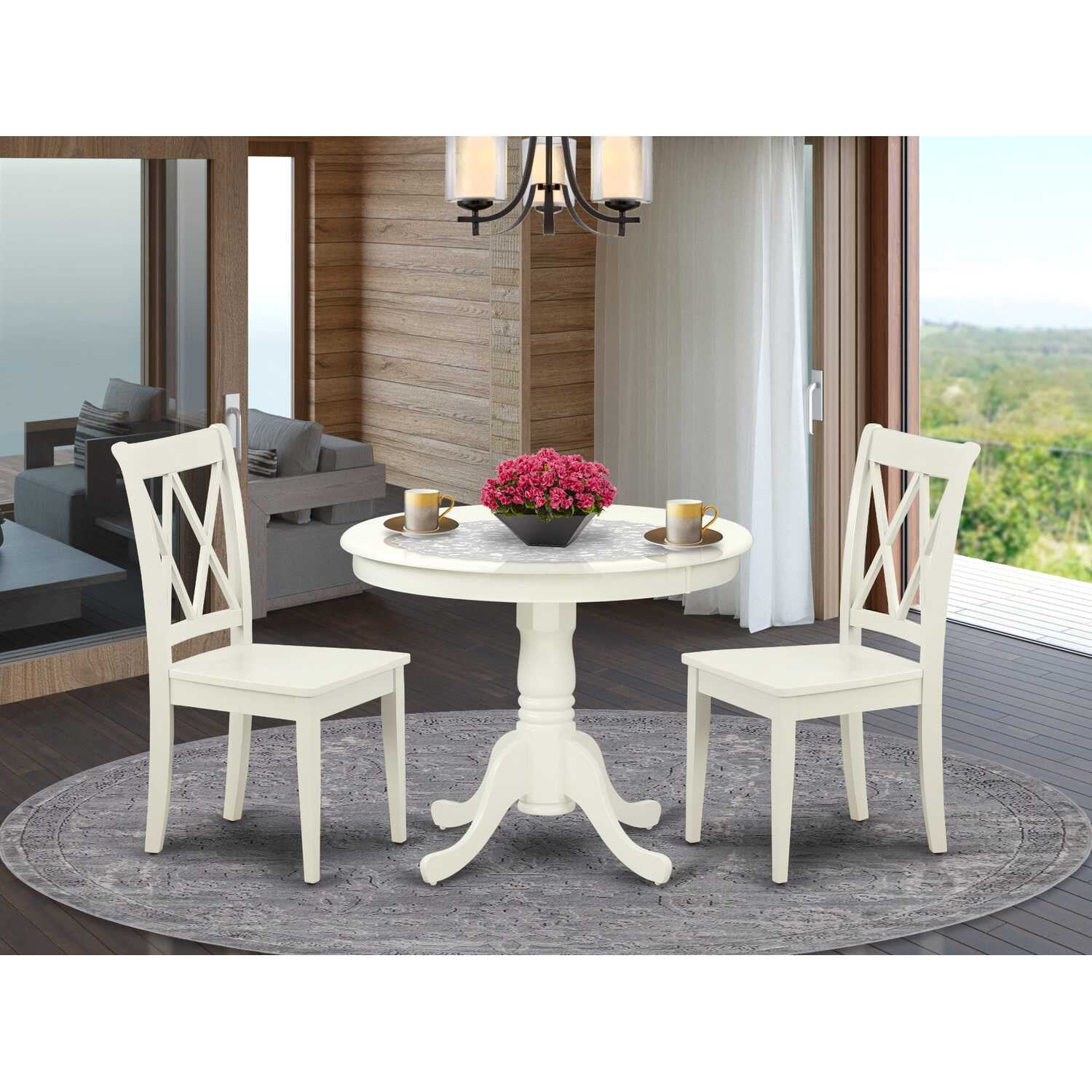 ANCL3-LWH-W 3PC Round 36 inch Table and 2 Double X back Chairs