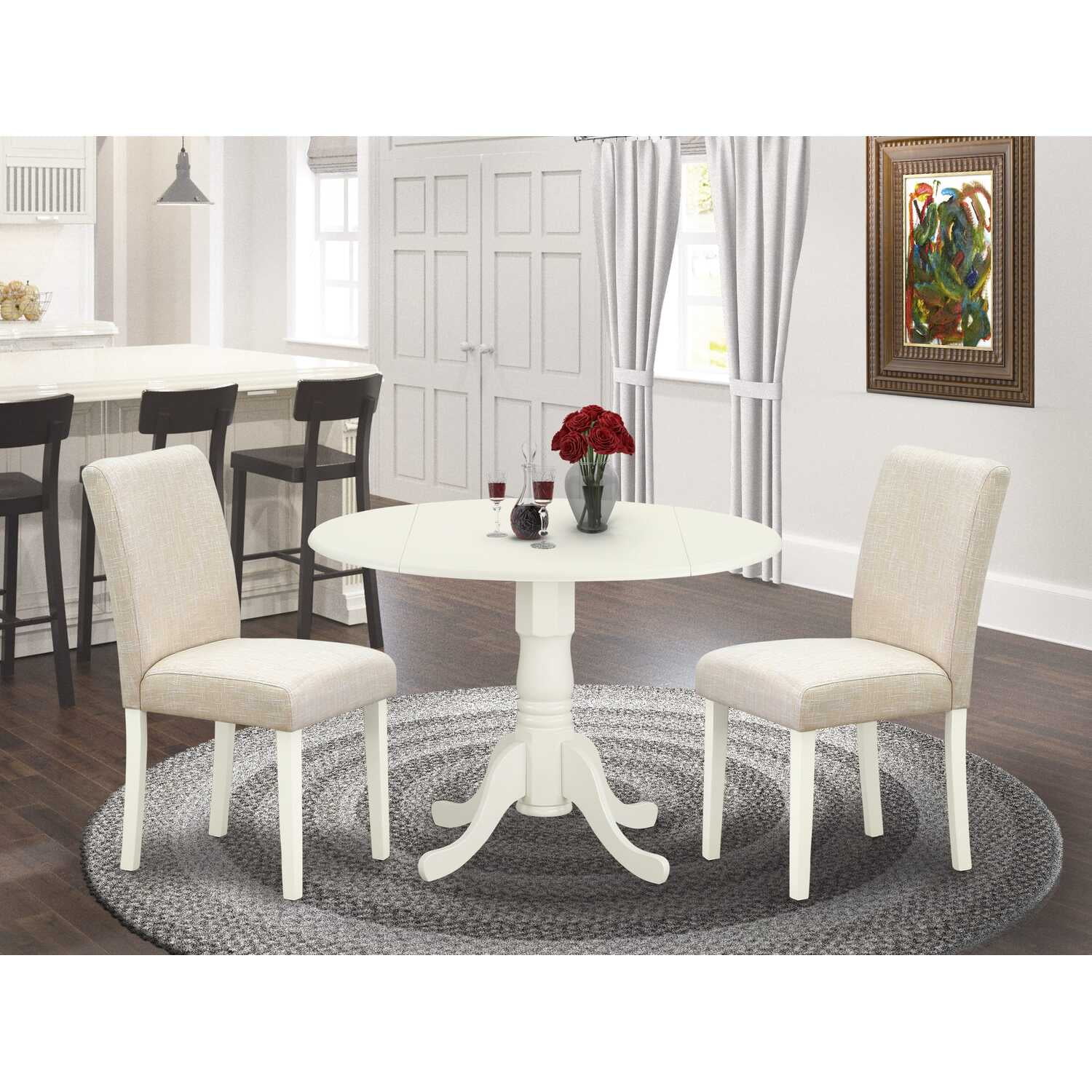 East West Furniture Dining Room Set Linen White, DLAB3-LWH-02