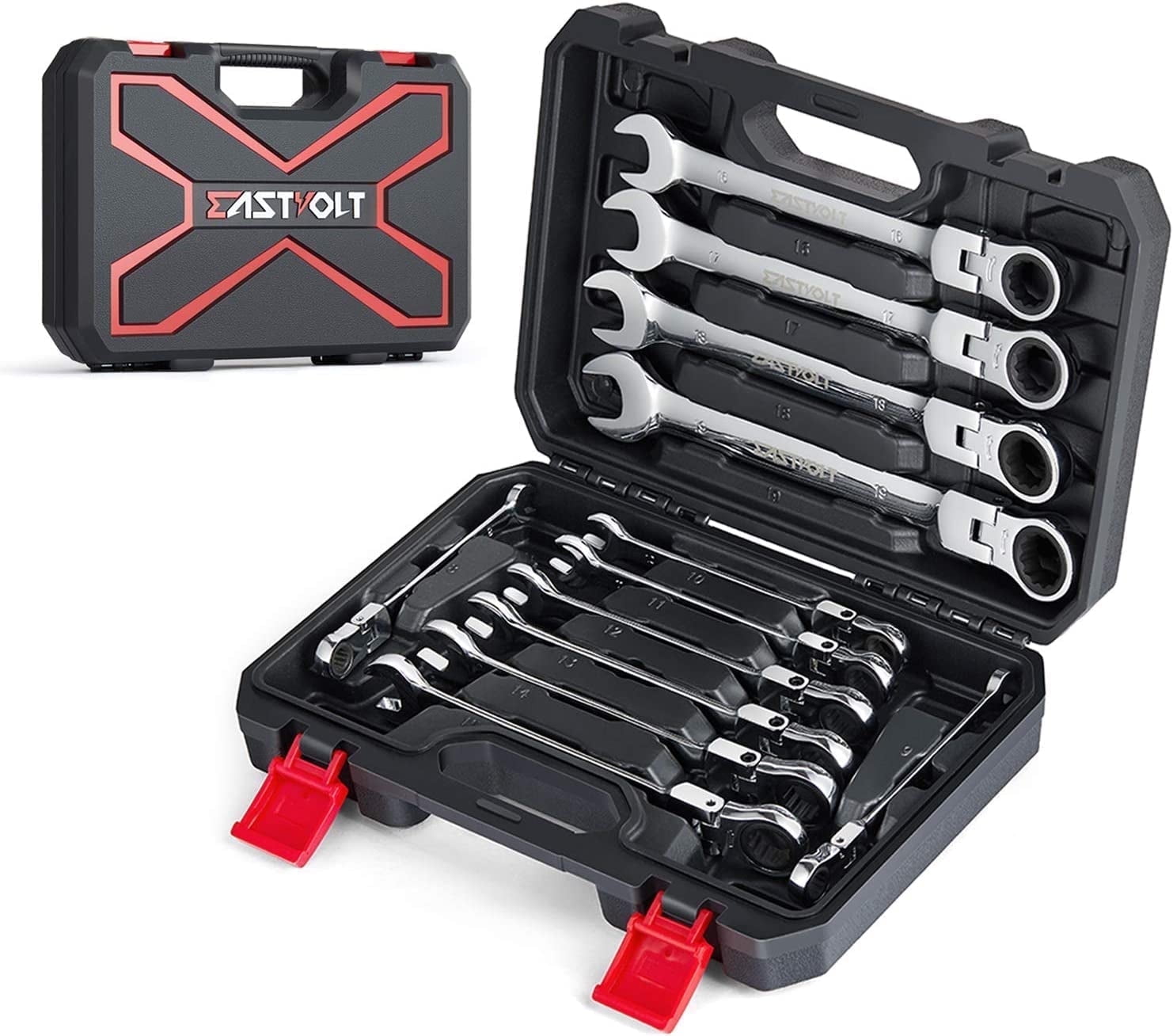 Eastvolt 12 Pieces Flex Head Ratcheting Wrench Set, Metric 8mm-19mm, Combination Ended Spanner kits, Chrome Vanadium Steel with Toolbox