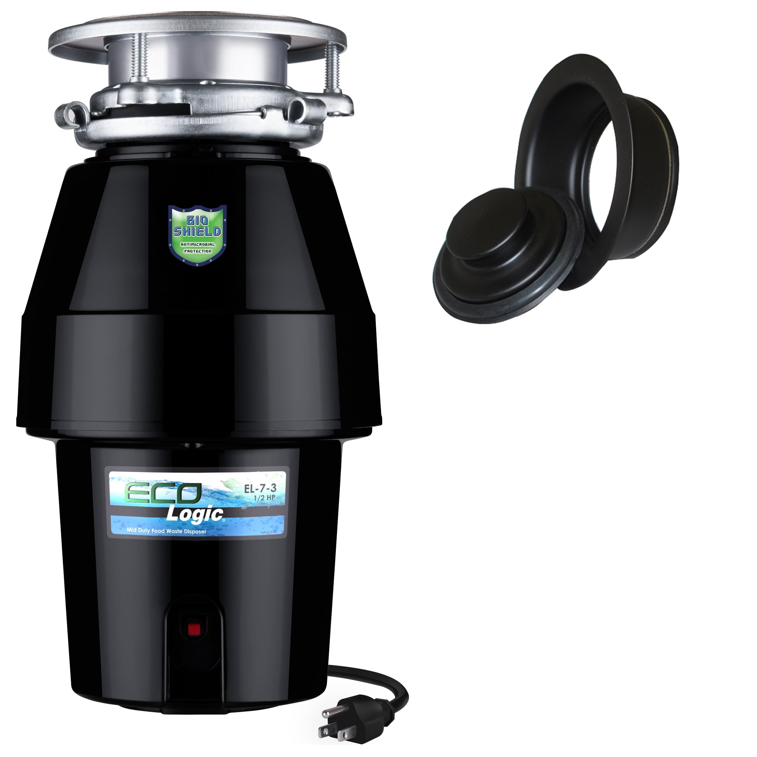 Eco Logic 1/2 HP Garbage Disposal with Black Sink Flange and Stopper Kit 10-US-EL-7-DS-3B-BK