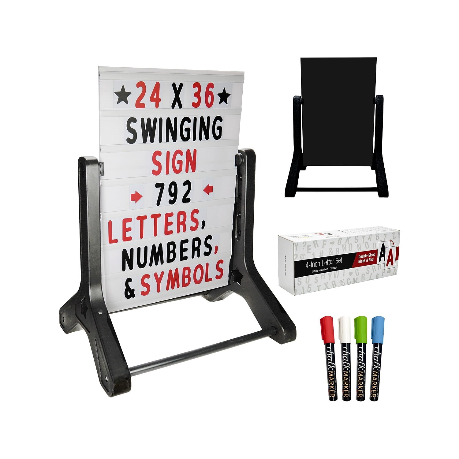 Excello Global Products Swinging Changeable Message Sidewalk Sign with 792 Pre-Cut Double Sided Letters and Storage Box. Includes Black Sign Board & 4 Liquid Chalkboard & Letter Board, 24"x36"