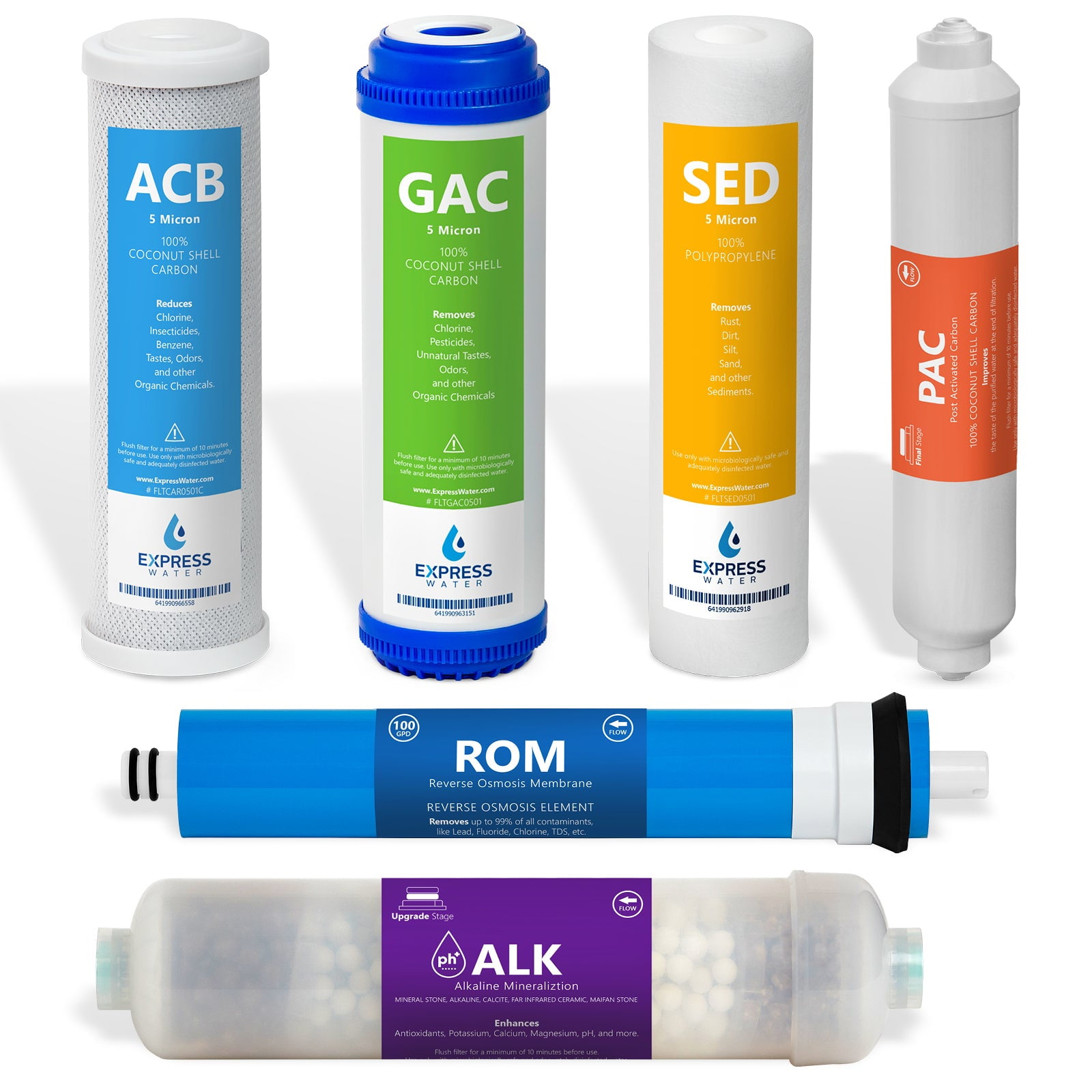 Express Water 1 Year Alkaline Reverse Osmosis System Replacement Filter Set 6 Filters with 100 GPD RO Membrane, Carbon (GAC, ACB, PAC) Filters, Sediment (SED) Filters 10 inch Size Water Filters