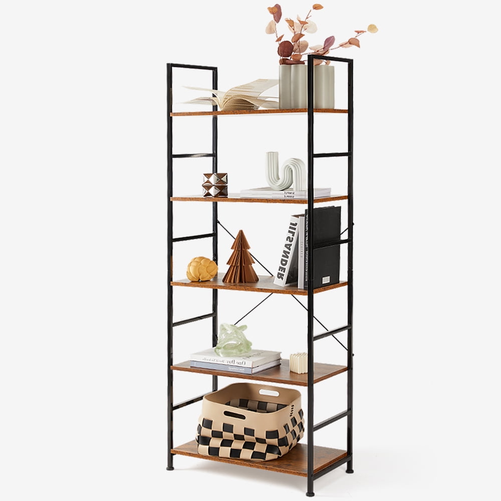 EDX Bookcase, 5 Tier Book Shelf, Storage Shelf, Classic Modern Bookcase for CDs, Movies, Books, Industrial Bookcase for Home Office, Living Room, Kitchen, Bedroom, Rust Brown
