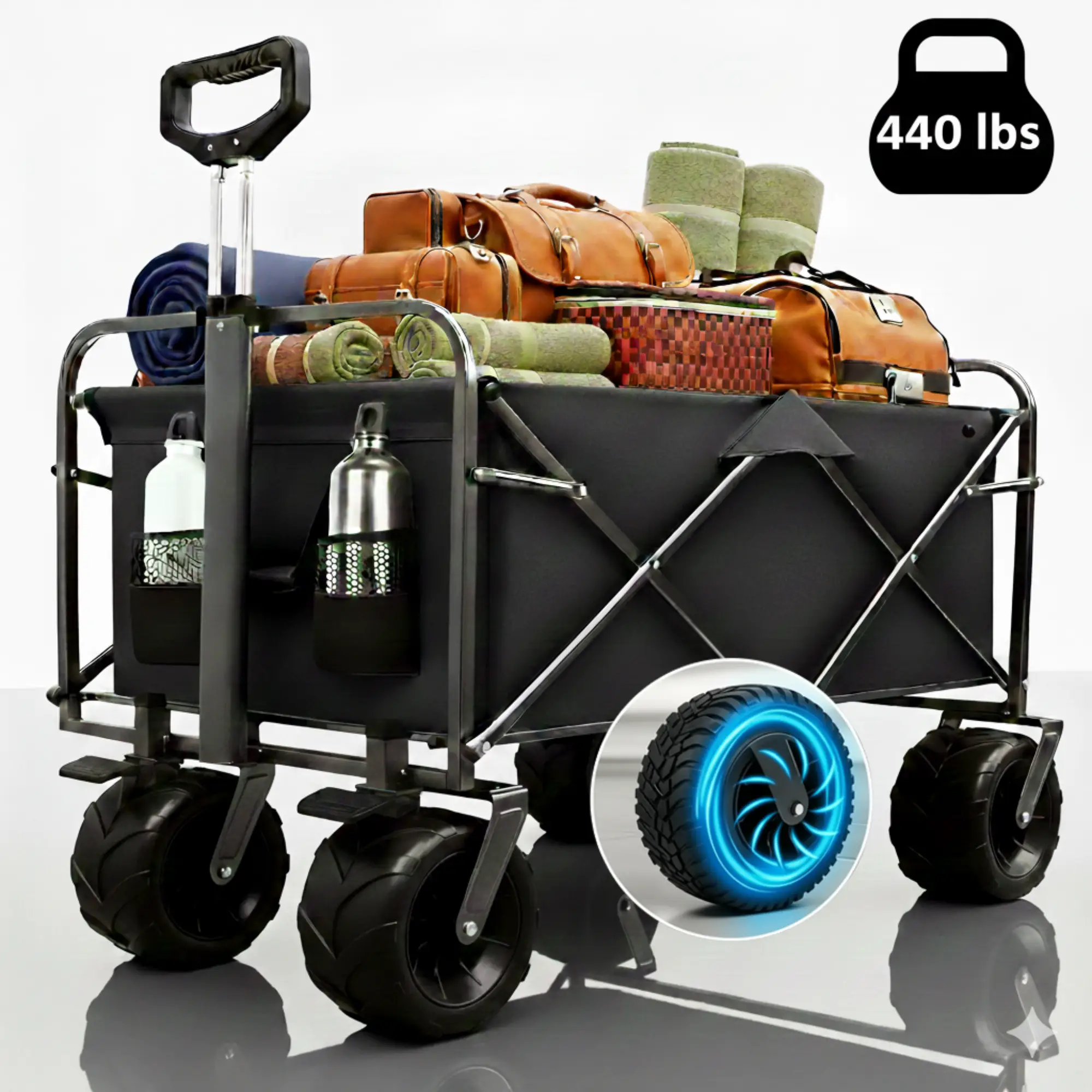 ENYOPRO 440LBS Collapsible Wagon Cart, Heavy Duty Foldable Beach Wagon for Sand w/ Big Wheels, Portable Folding Utility 600D Oxford Cloth Cart with Cup Holder, Extra Pocket, Black