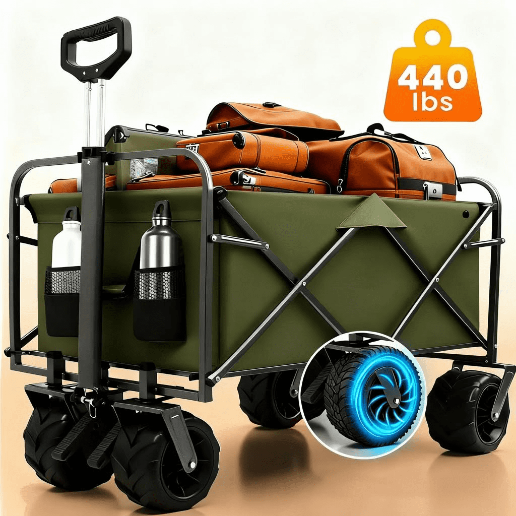 ENYOPRO 440LBS Collapsible Wagon Cart, Heavy Duty Foldable Beach Wagon for Sand w/ Big Wheels, Portable Folding Utility 600D Oxford Cloth Cart with Cup Holder, Extra Pocket, Green