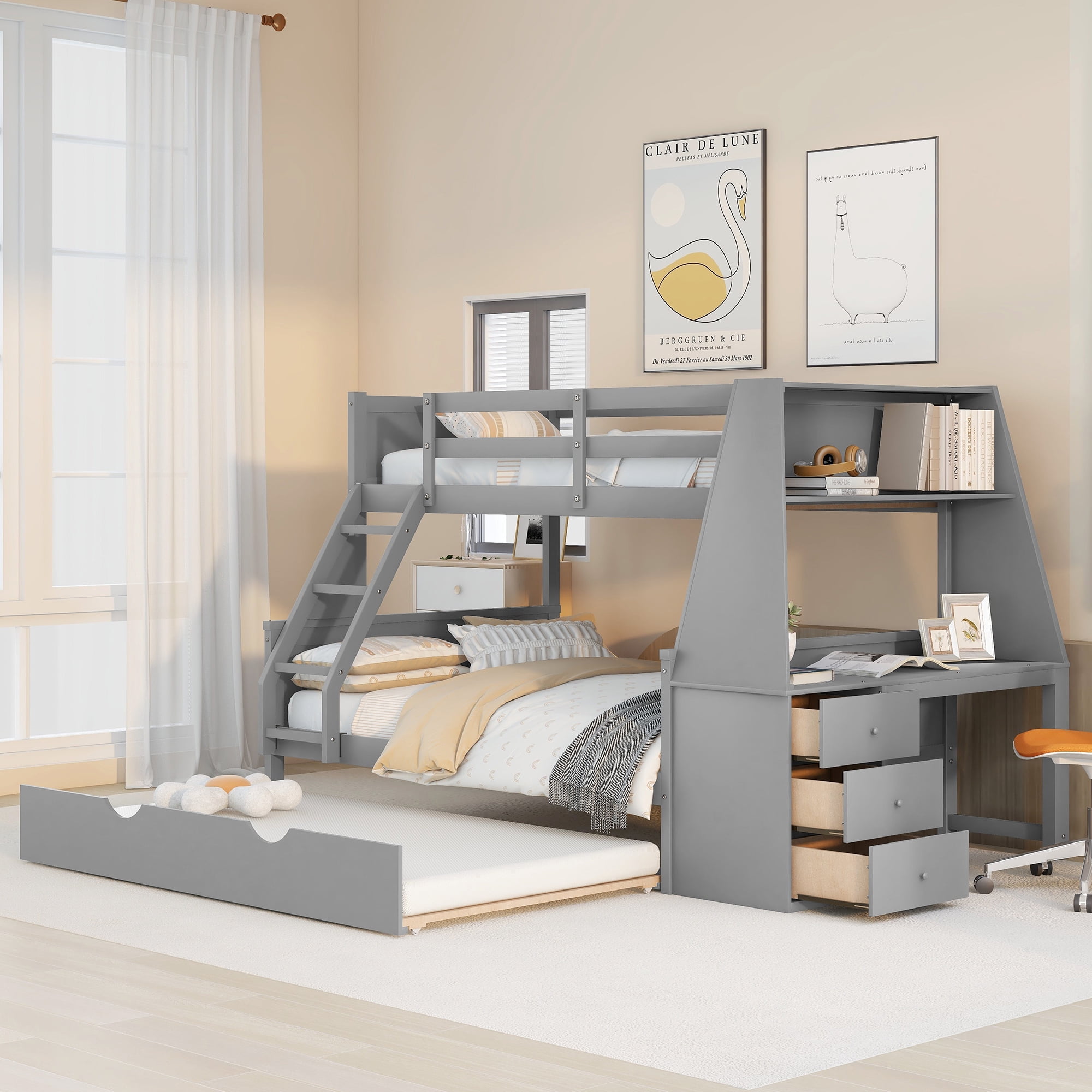 EUROCO Wood Twin over Full Bunk Bed with Twin Trundle, Built-in Desk with Shelf and 3 Drawers for Kids Teens Adults, 3-in-1 Beds, Gray