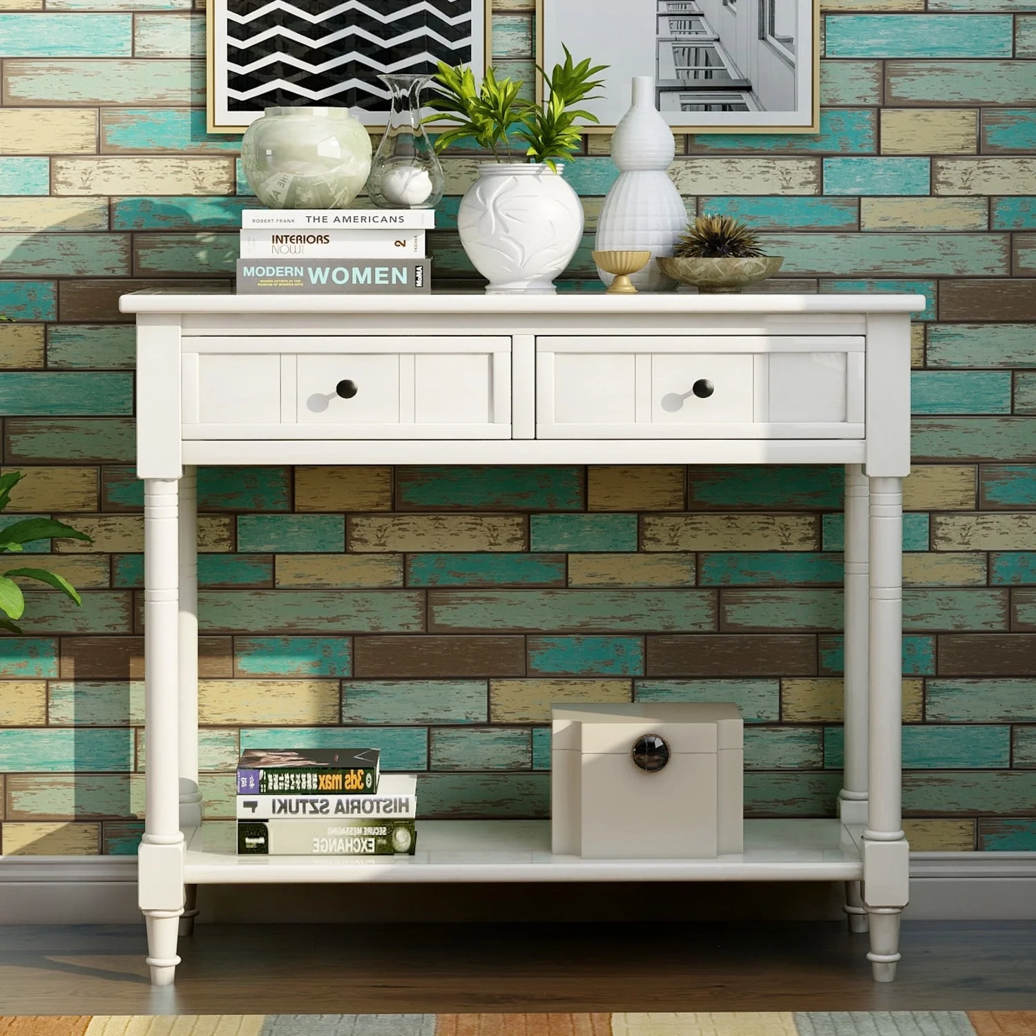 EUROCO Daisy Series Console Table with Two Storage Drawers, Bottom Shelf, Solid Wood Funiture for Entryway, Ivory
