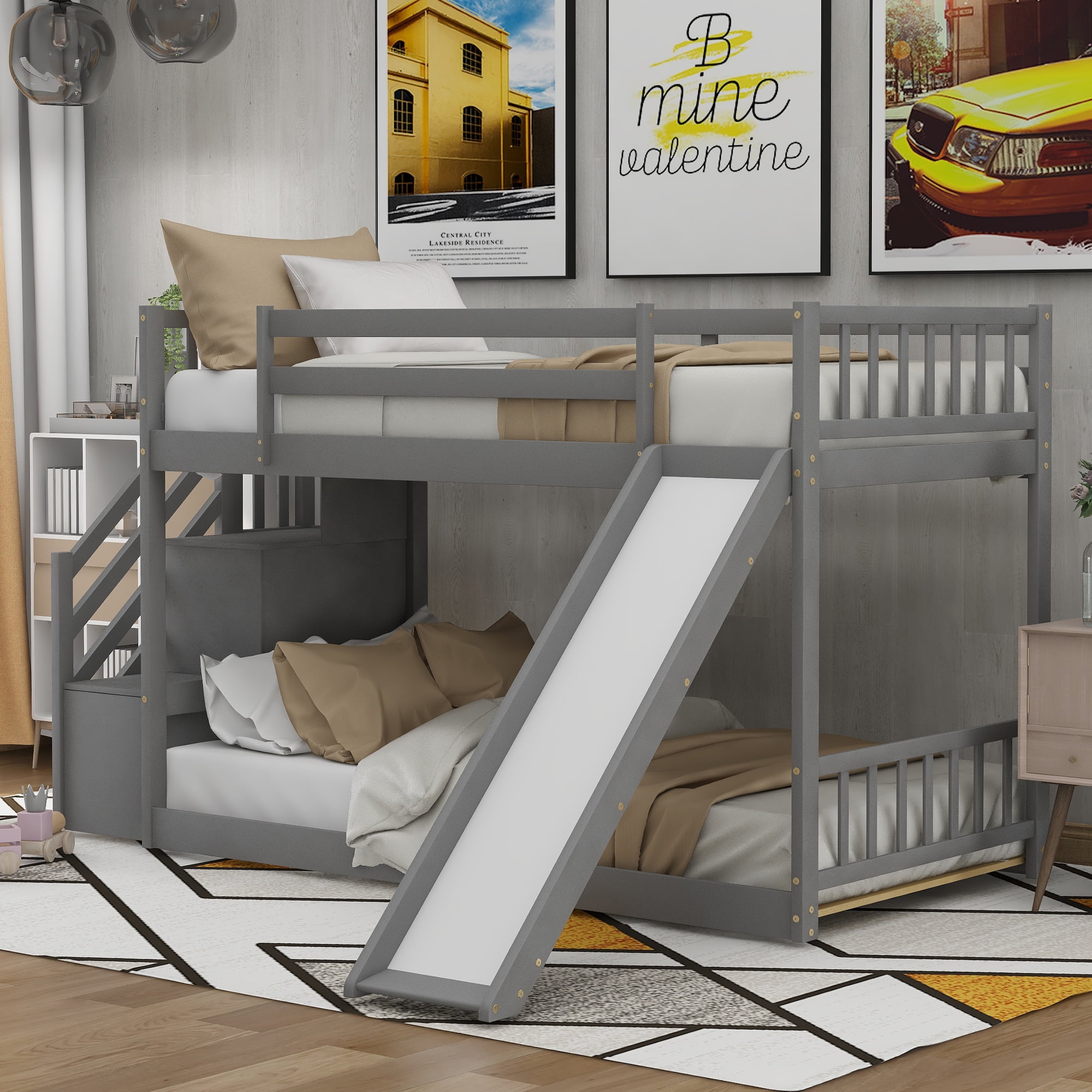 EUROCO Modern Wood Twin over Twin Bunk Bed with Slide and Staircase, Low Profile Bunk Bed with Storage for Kids Teens,Gray