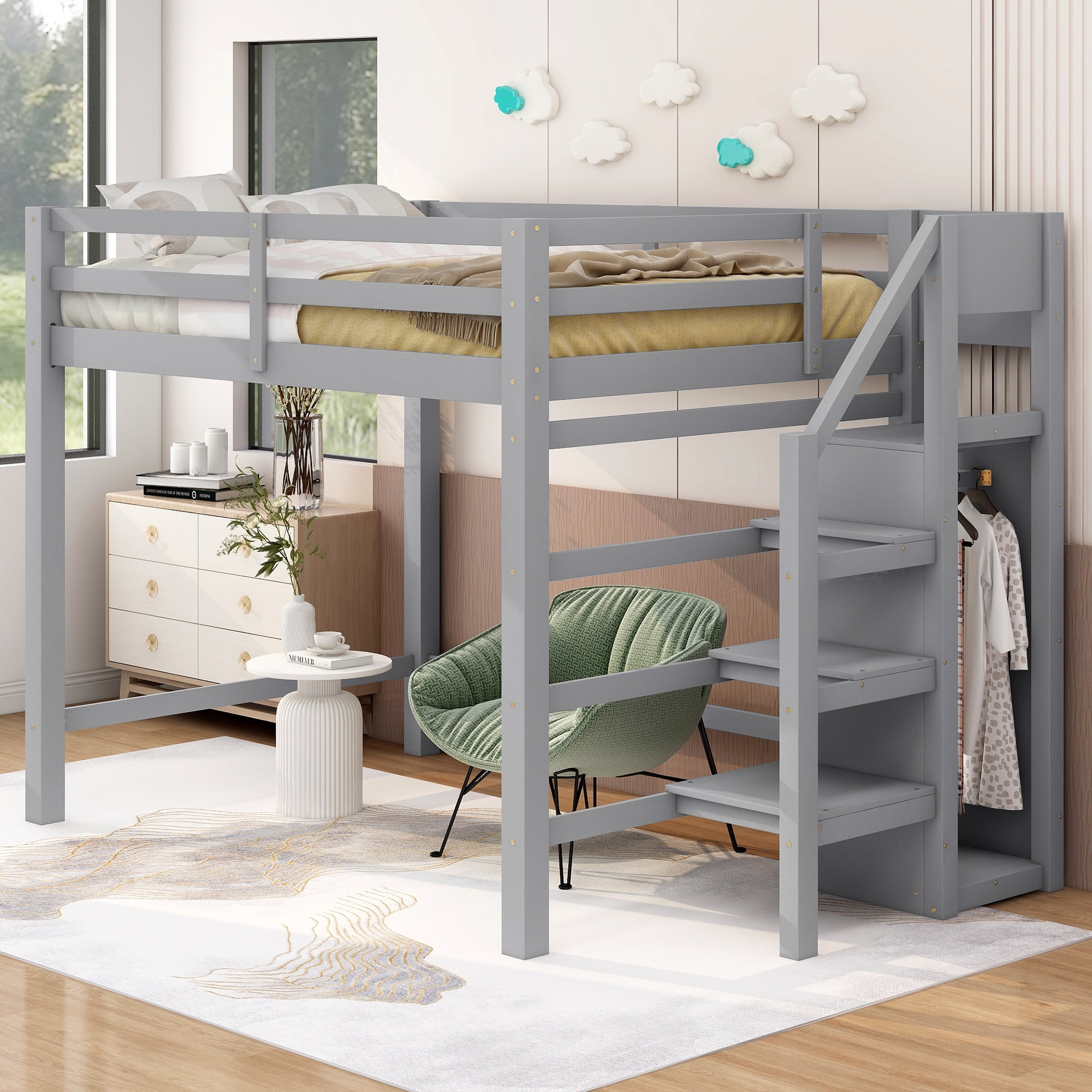 EUROCO Modern Full Size Loft Bed with Storage Wardrobe and Shelf for Kids Teens, Gray