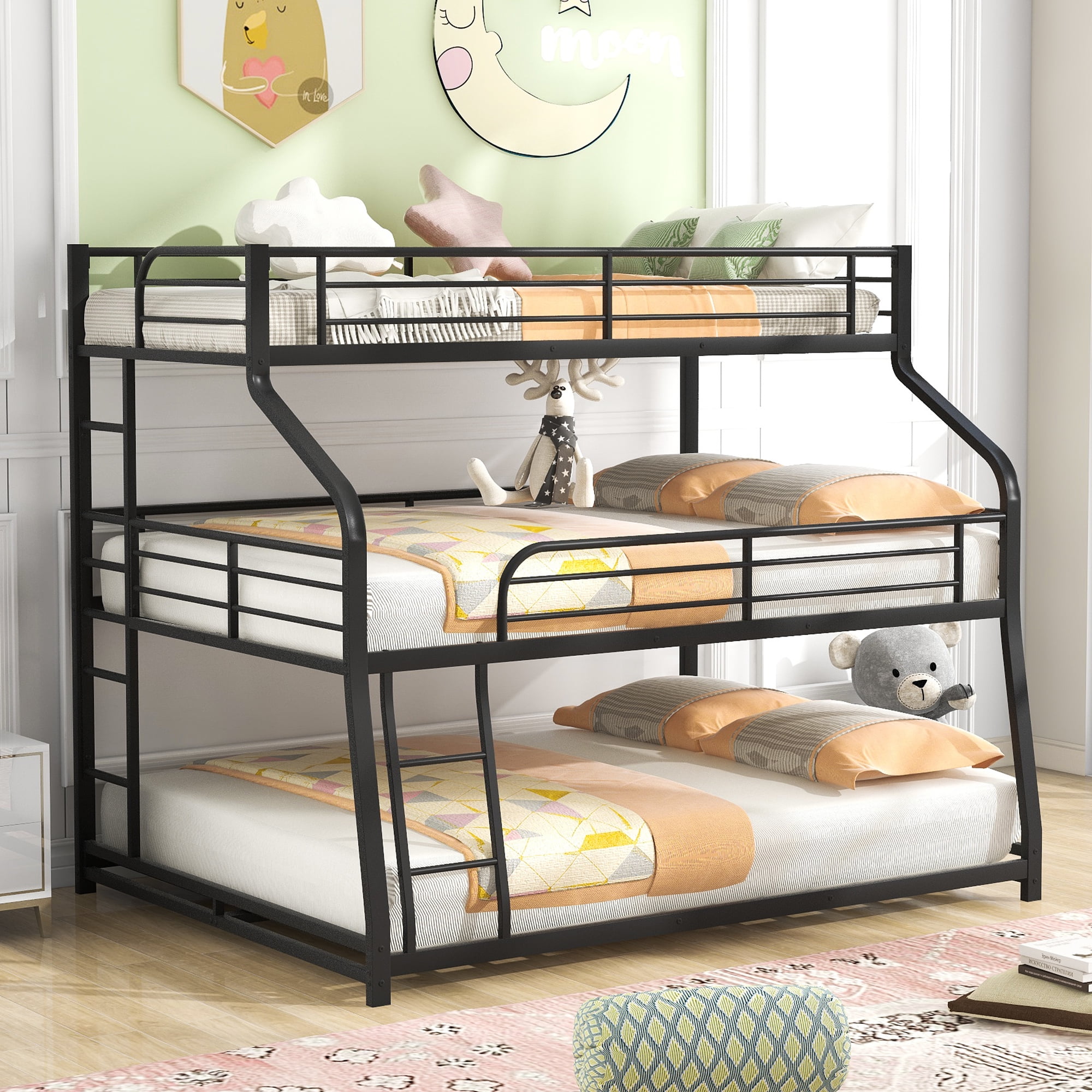 EUROCO Modern Metal Triple Bunk Bed, Twin over Full over Queen for Bedroom, 3-in-1 Beds for More People, Black