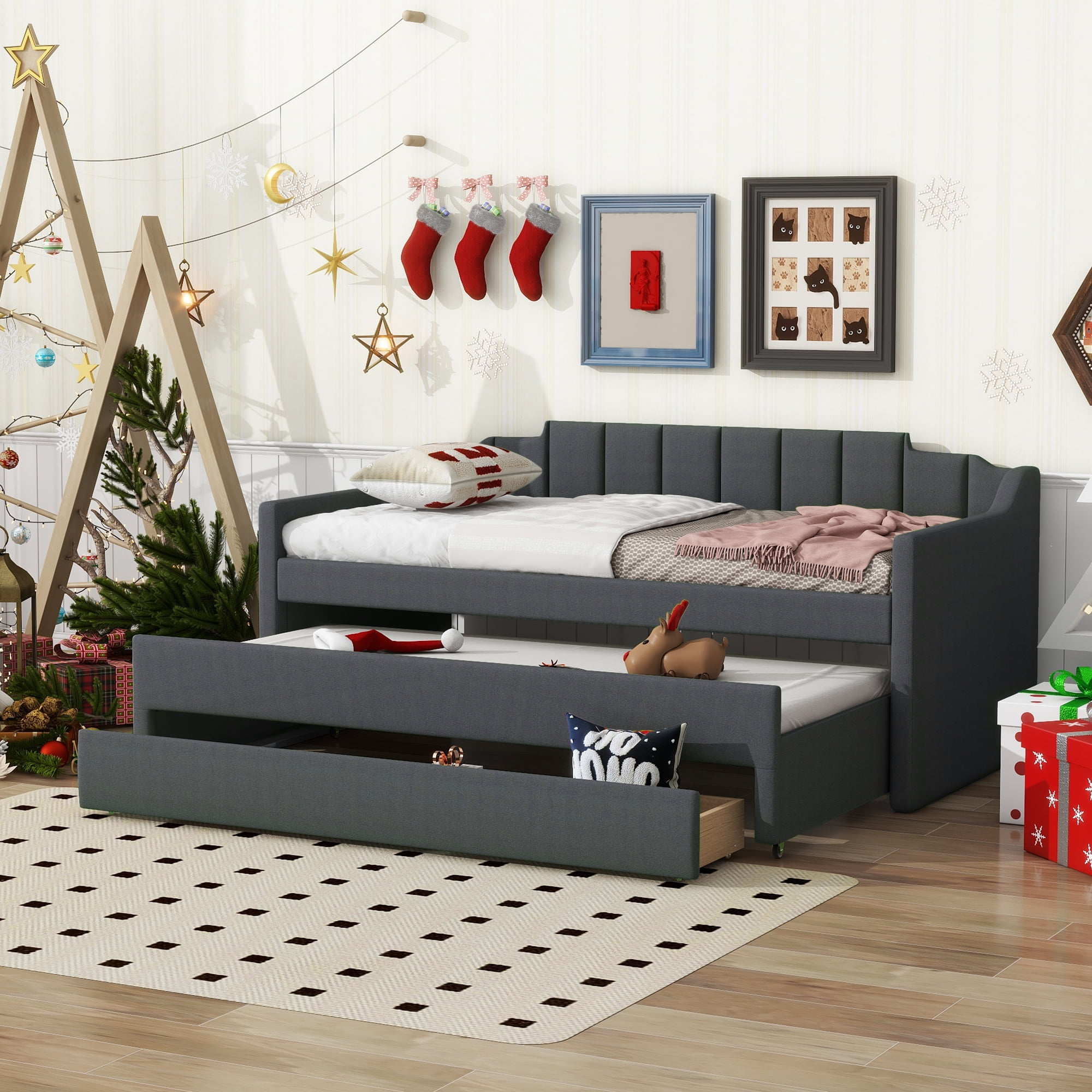 EUROCO Twin Size Upholstery Daybed, Storage Sofa Bed with Drawers and Moveable Twin Trundle Bed for Kids and Adults, No Box Spring Needed, Dark Gray