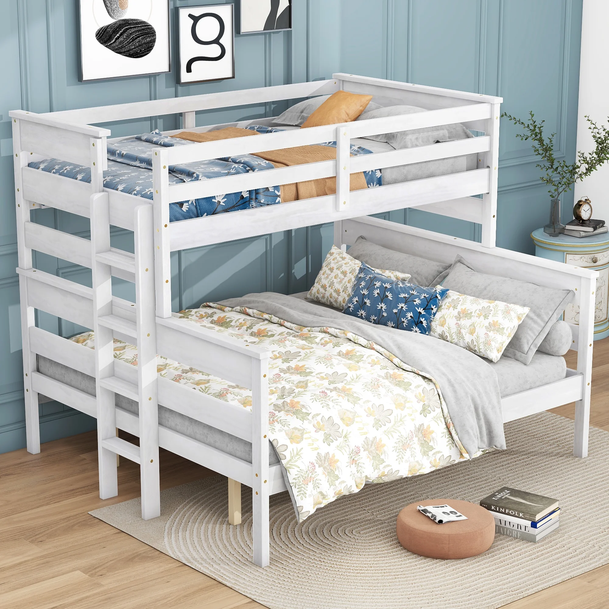 EUROCO Twin XL over Queen Bunk Bed, Convertible 2 Beds for Kids Teens Adults with Ladder, White