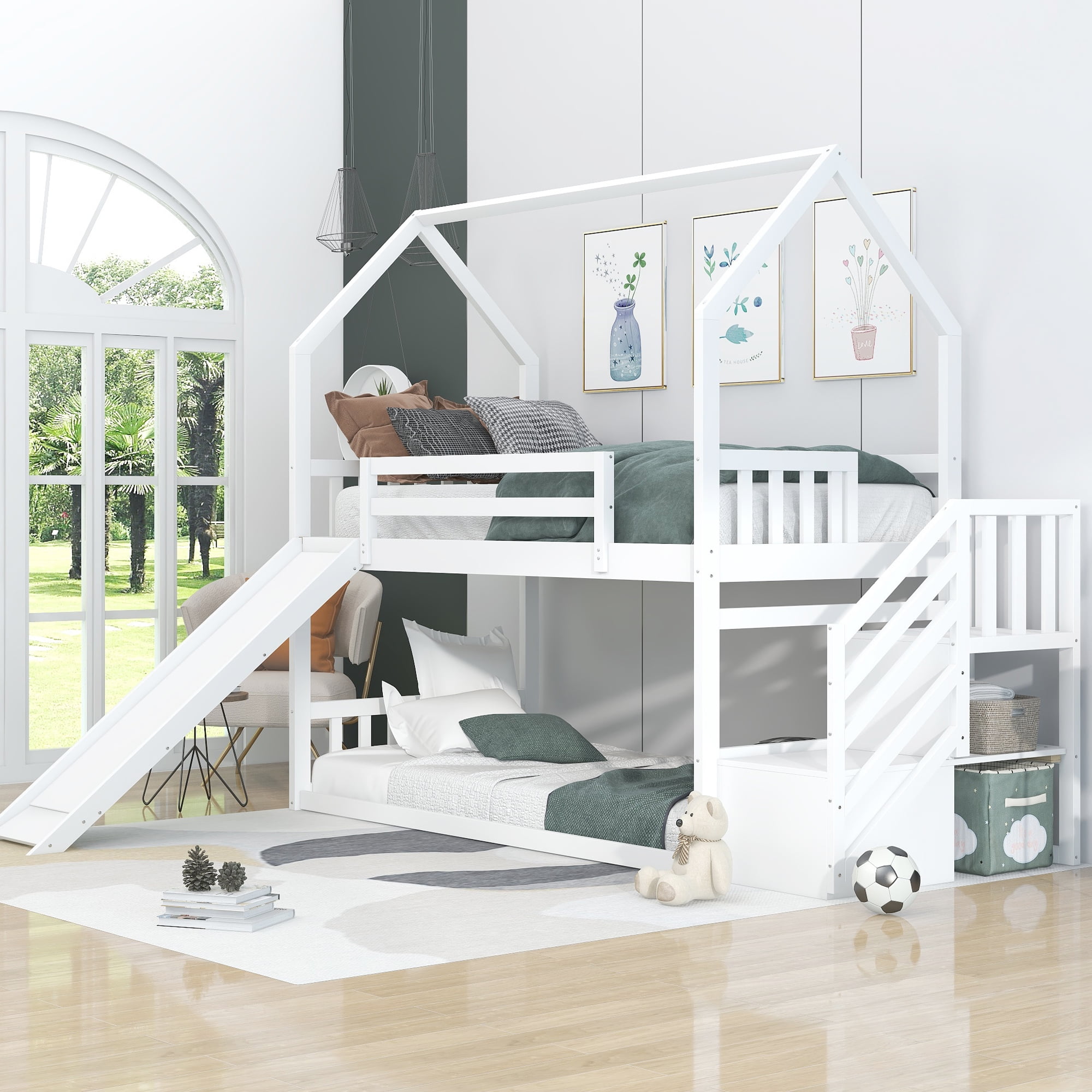 EUROCO Twin over Twin House Bunk Bed with Staircase for Kids Teens Bedroom,Solid Wood Bunk for Child,White