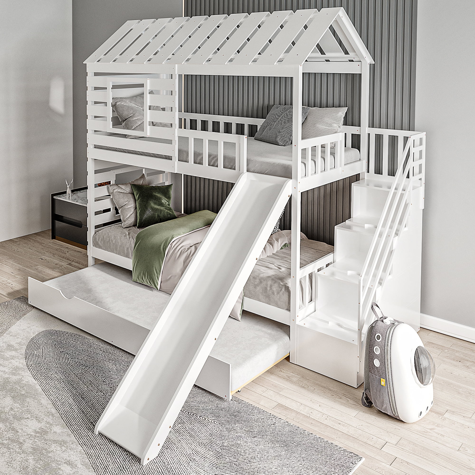 EUROCO Twin over Twin House Bunk Bed with Trundle and Staircase for Kids Teens Bedroom, White