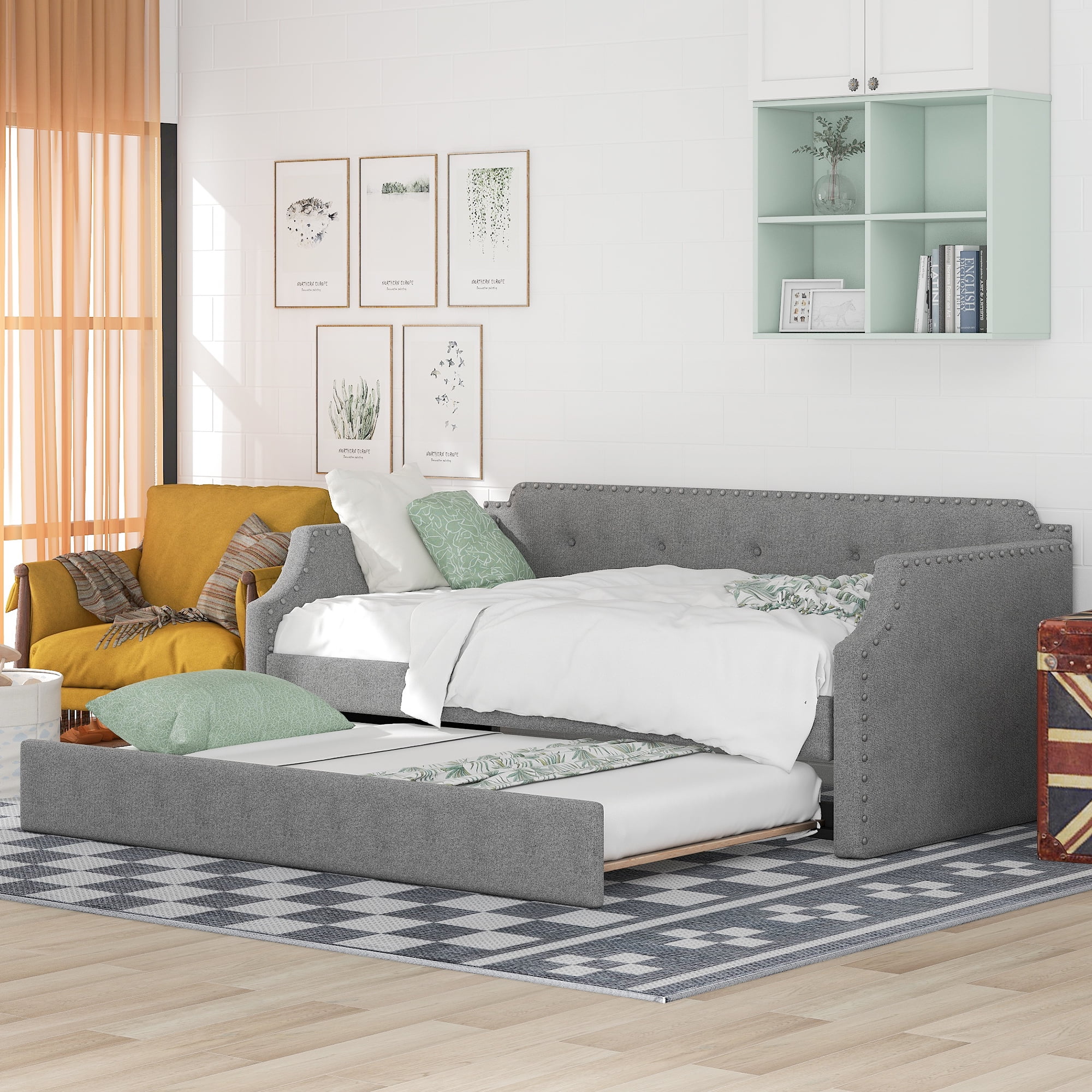 EUROCO Upholstered Twin Daybed with Trundle, Wood Tufted Sofa Bed for Living Room, Gray