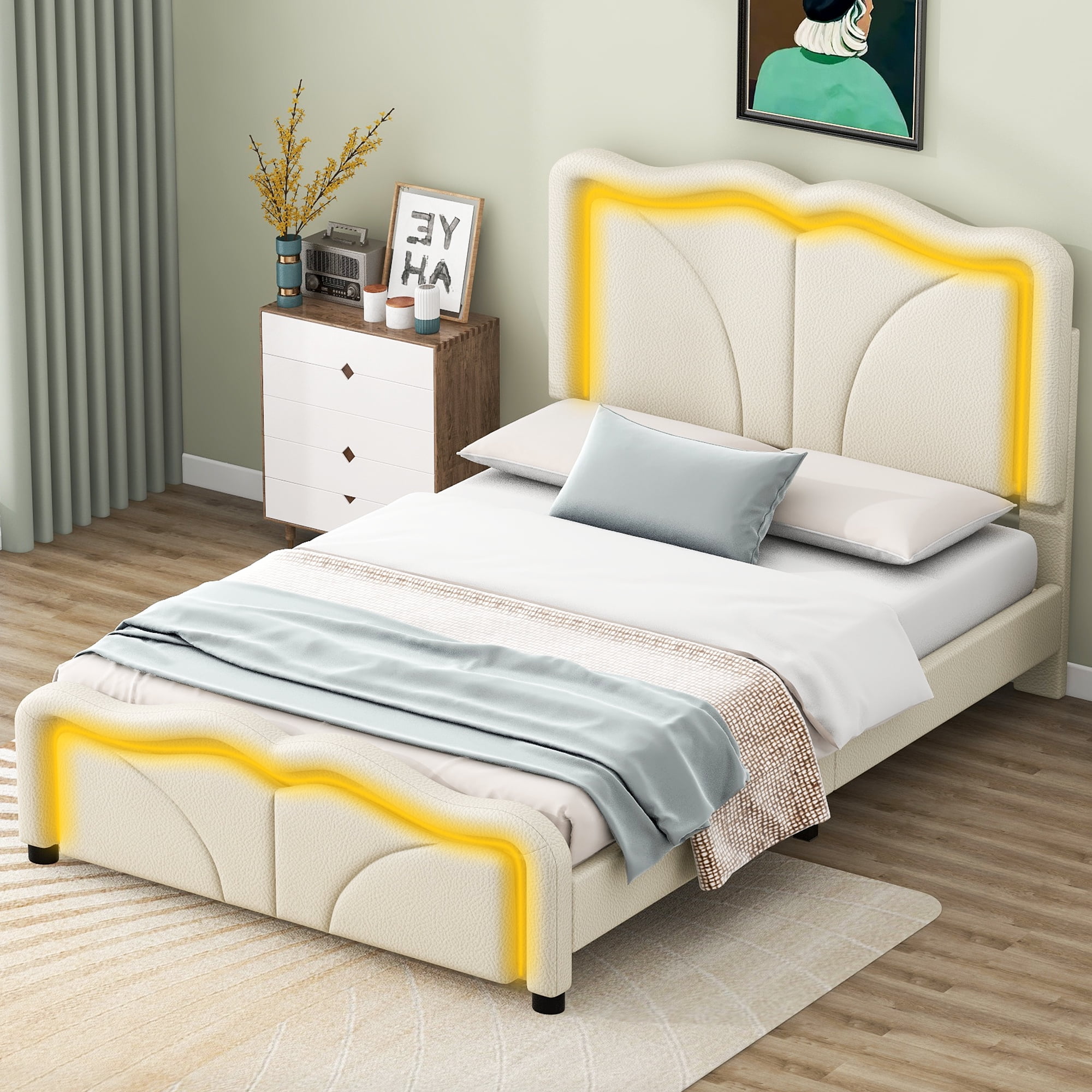 EUROCO Upholstered Twin Platform Bed, Cartoon Bed with Adjustable Headboard and LED Light for Toddler Kids Teens Adults, Beige