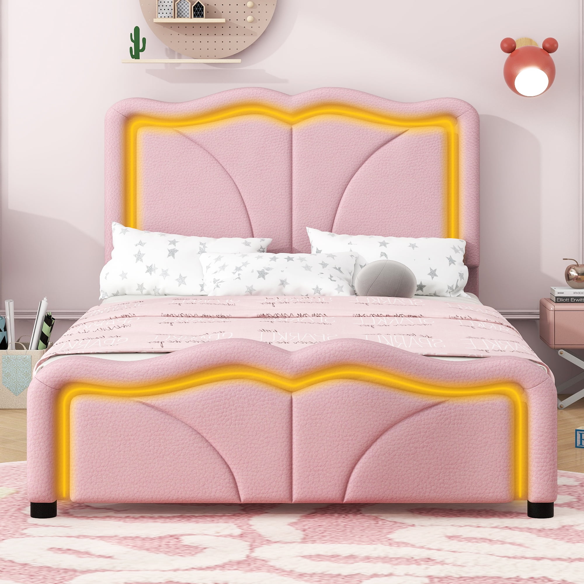 EUROCO Upholstered Twin Platform Bed, Cartoon Bed with Adjustable Headboard and LED Light for Toddler Kids Teens Adults, No Box Spring Needed, Pink