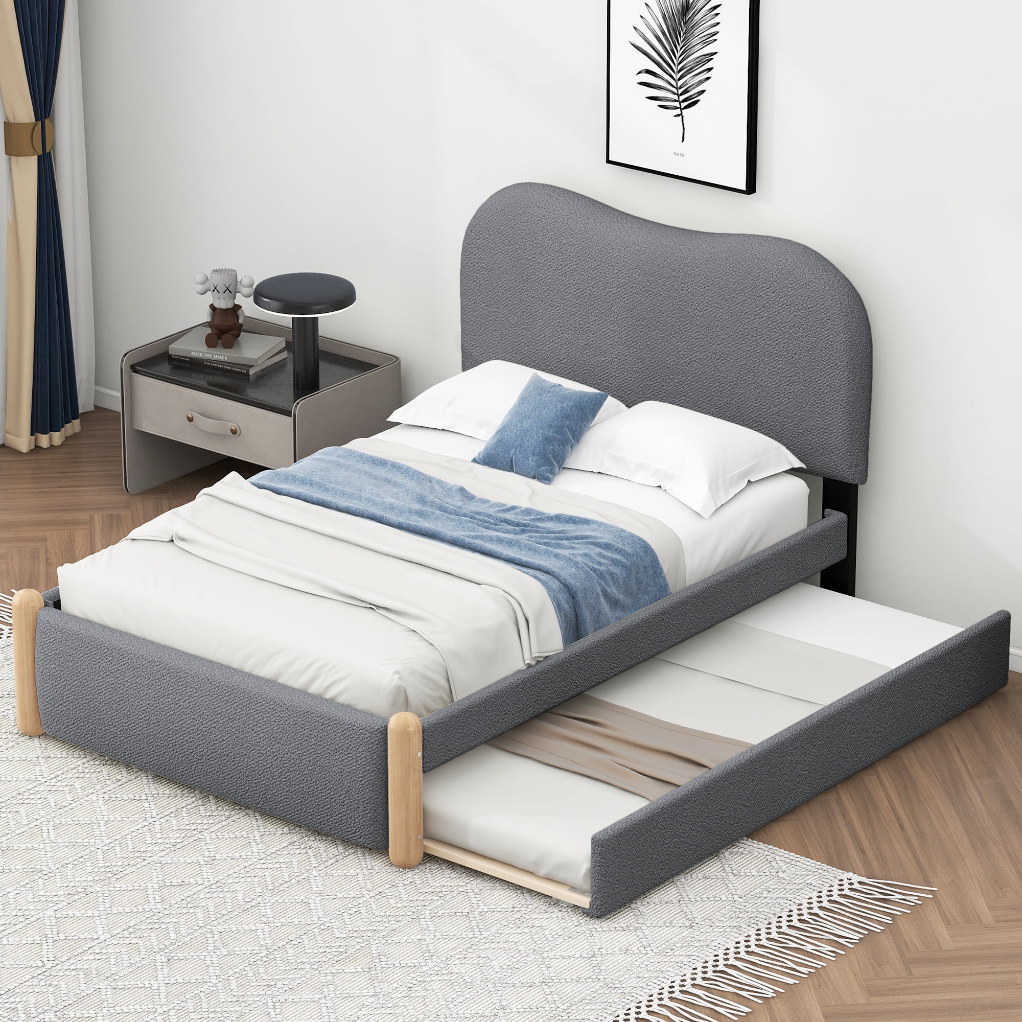 EUROCO Upholstery Twin Size Platform Bed with Twin Size Trundle, Wood Support Legs for Kids, Gray