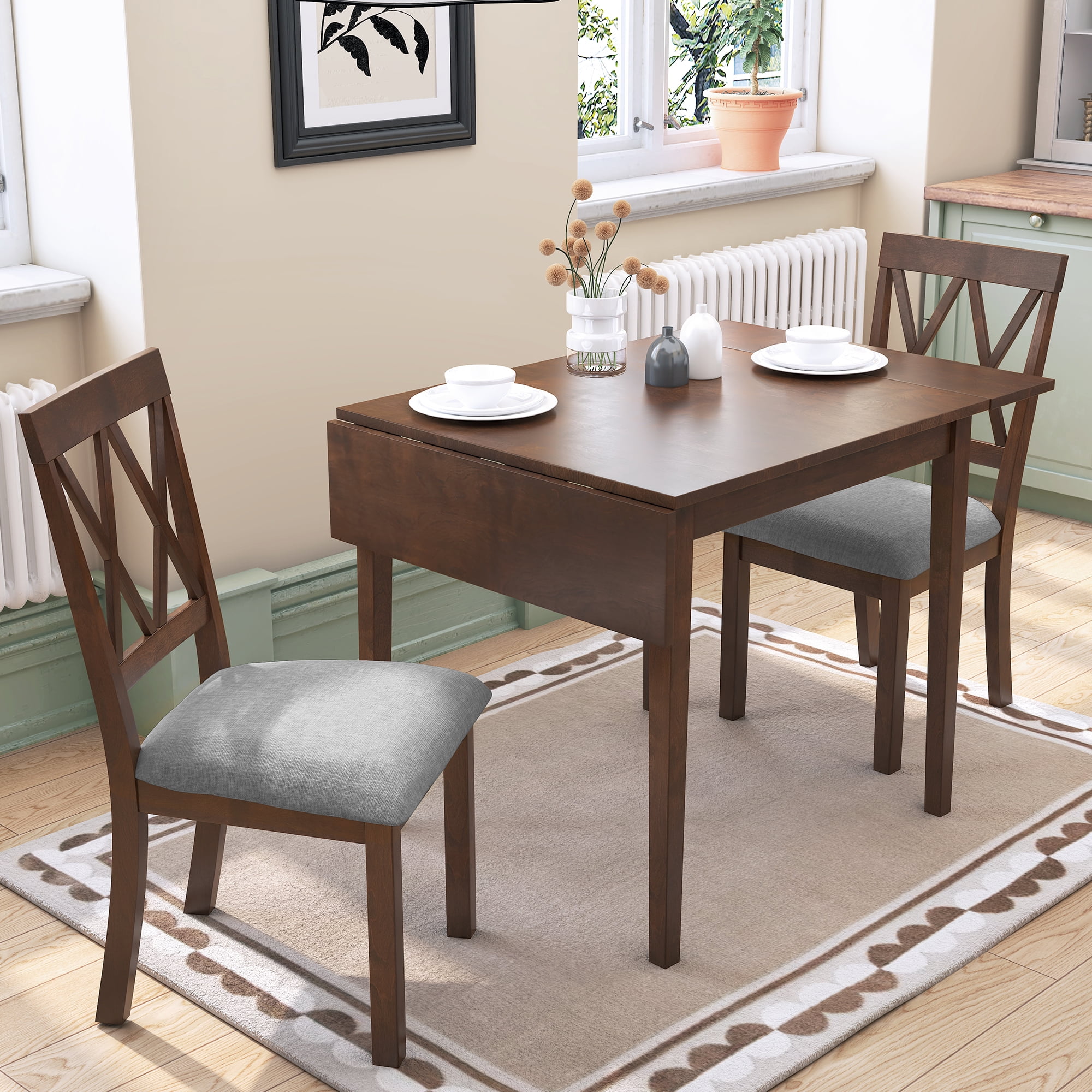 EUROCO 3-Piece Dining Table Set for 2,Rectangular Solid Wood Dining Table with Drop Leaf,2 Dining Upholstered Chairs and MDF Board,Perfect for Small Space, Easy Assembly,Brown