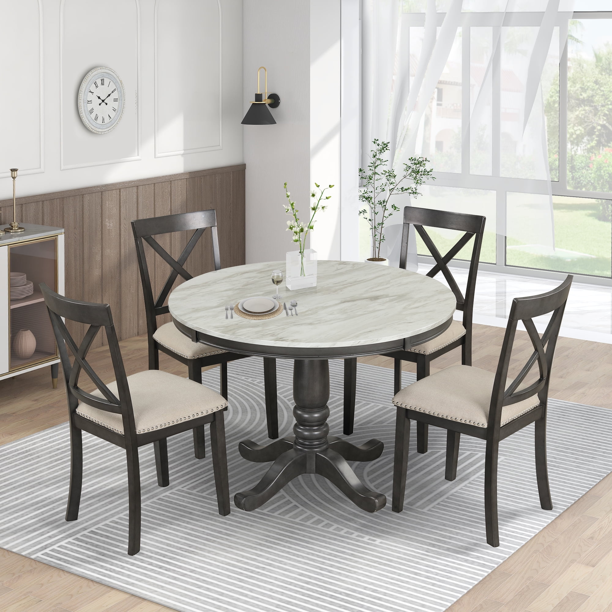 EUROCO 42" 5-Piece Round Dining Table Set,Kitchen Table Set with Solid Wood Table and 4 Upholstered Chairs for Dining Room,Gray