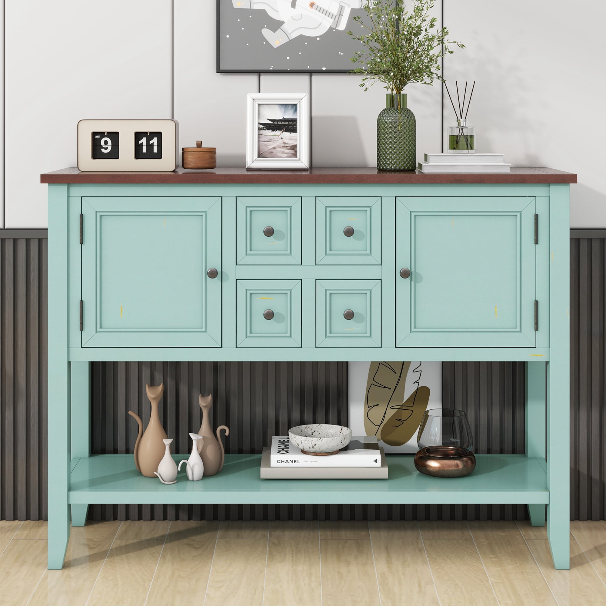 EUROCO 46" Console Table Sofa Table, Solid Wood Console Table with 4 Small Drawers, 2 cabinets and Bottom Shelf for Living Rooms, Entrances and Kitchens, Retro Blue