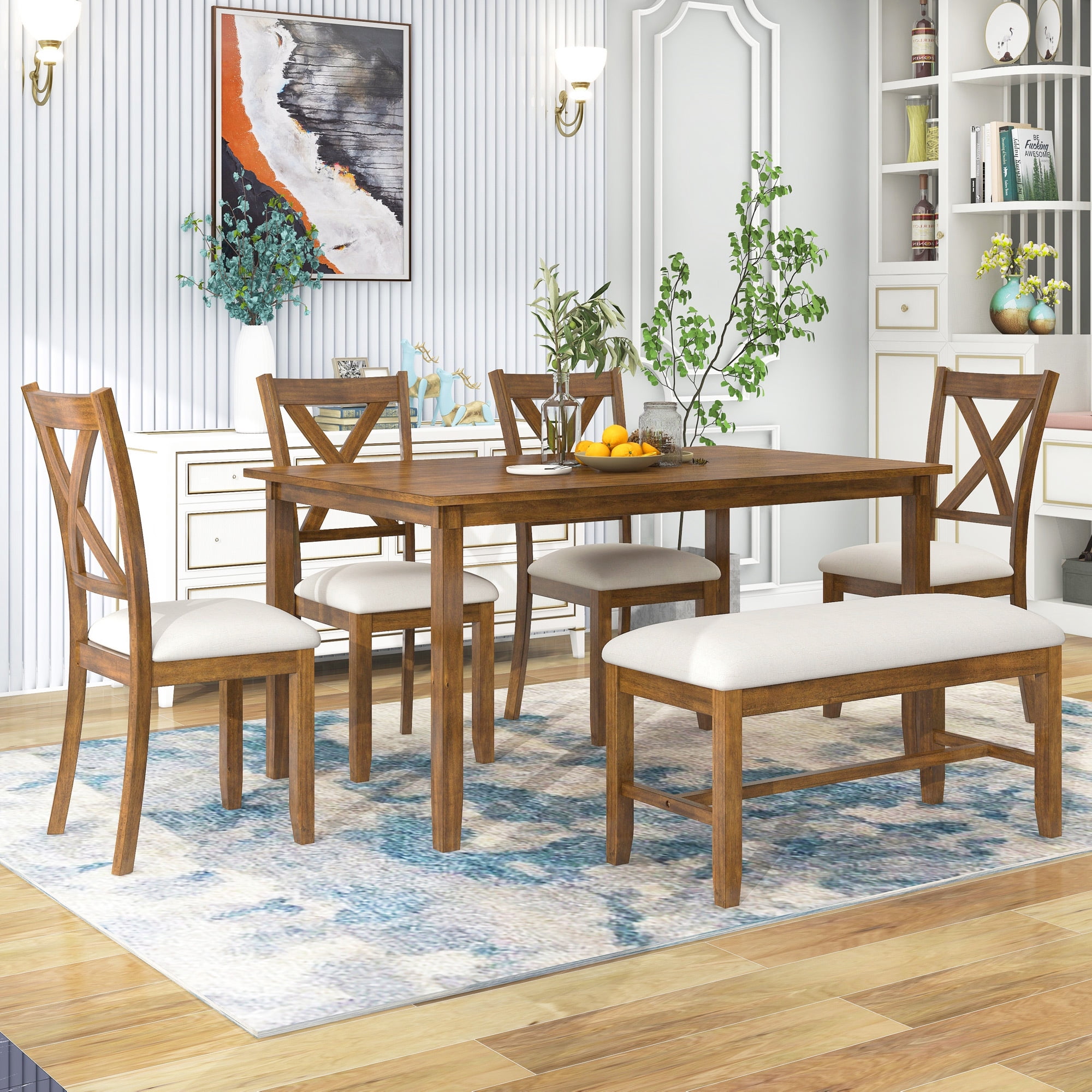 EUROCO 6-Piece Kitchen Dining Table Set Wooden Rectangular Dining Table, 4 Fabric Chairs and Bench Family Furniture