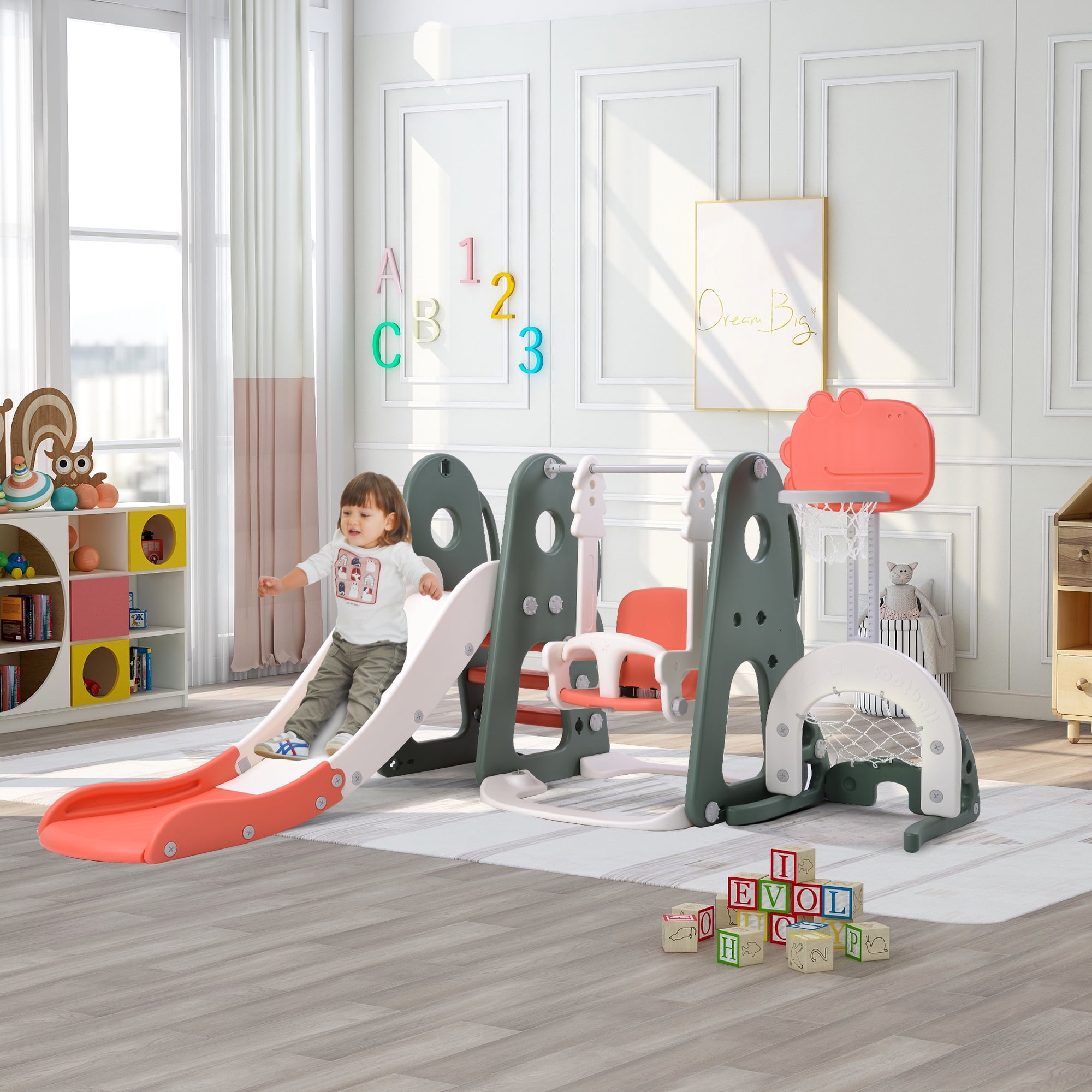 EUROCO 6 in 1 Toddle and Swing Set with Adjustable Swing and Slide Height, Rocket Swing Set with Basketball Stand