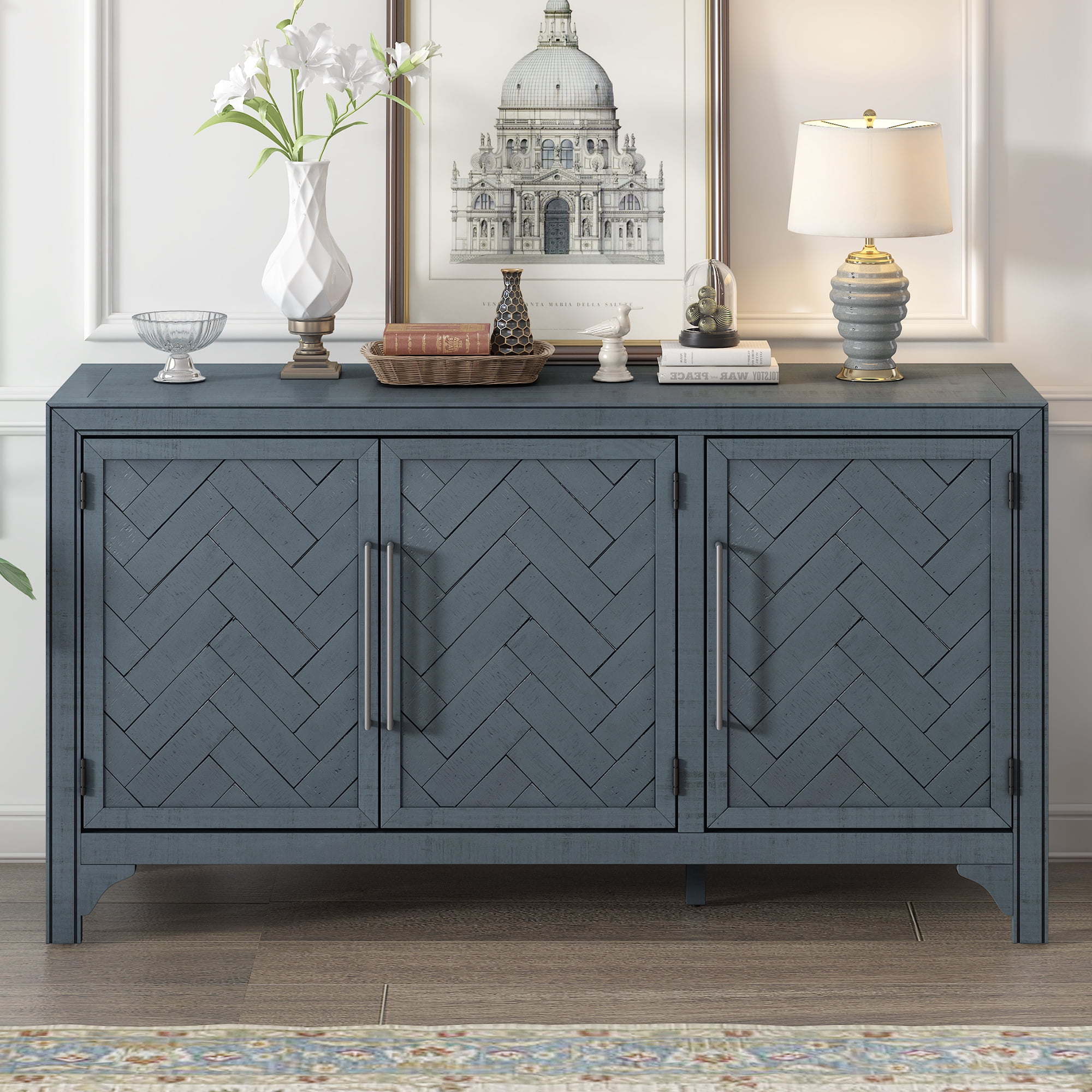 EUROCO 60'' Sideboard Storage Buffet Cabinet, MDF Buffet Cabinet with 3 Doors, Pine veneer and Adjustable Shelves for Living Rooms, Entrance and Study Rooms, Navy Blue