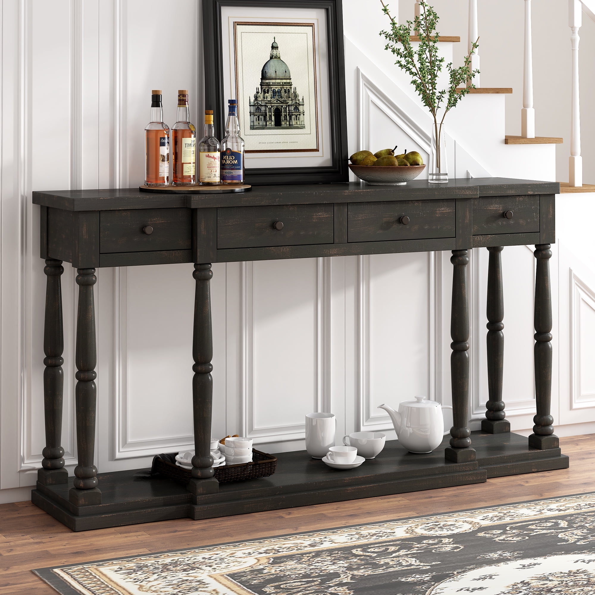 EUROCO 63" Longer Console Table Sofa Table for Entryway with 4 Drawers and Storage Shelf for Living Room Hallway Foyer Office, Antique Black