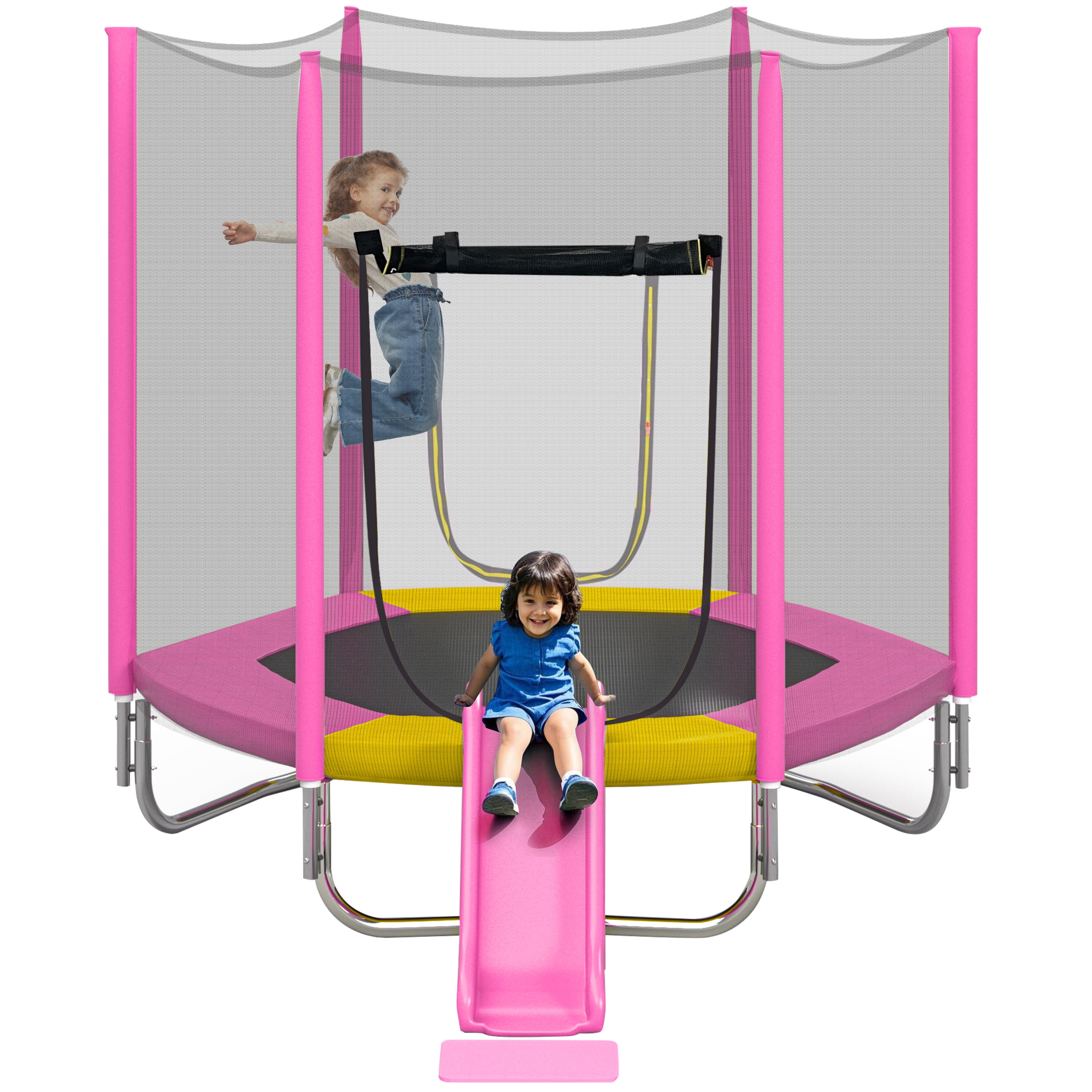 EUROCO 7FT Trampoline with Removable Slide, Kids Indoor Outdoor Trampoline with Enclosure Net and Ladder, Pink