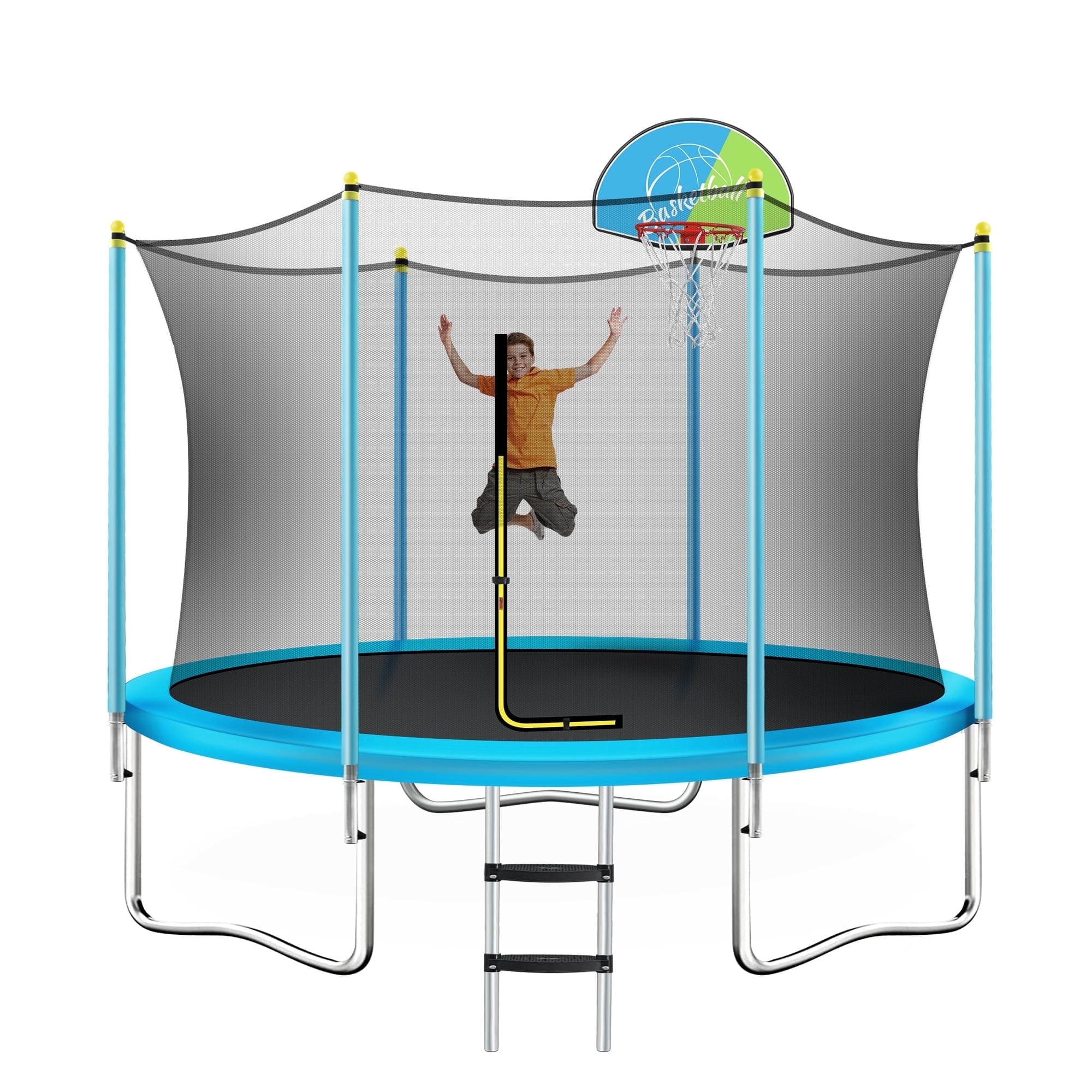 EUROCO 8FT Trampoline for Kids with Safety Enclosure Net, Basketball Hoop and Ladder, Easy Assembly Round Outdoor Recreational Trampoline