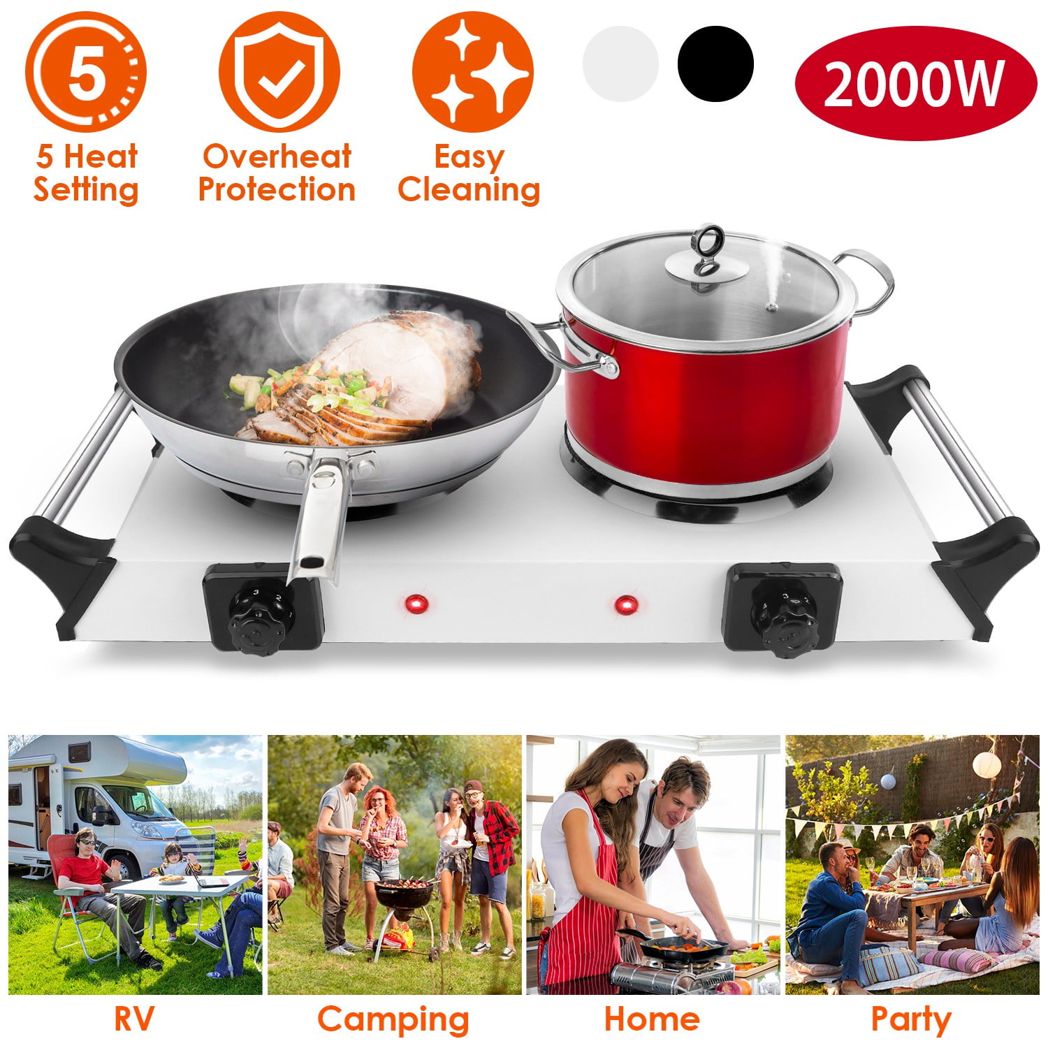 Electric Countertop Stove TeqHome Double Burner Hot Plate 2000W Portable Coil Heating Hot Plate for Cooking Electric Stove Top with 5 Temperature Adjustments Portable Handles Silver