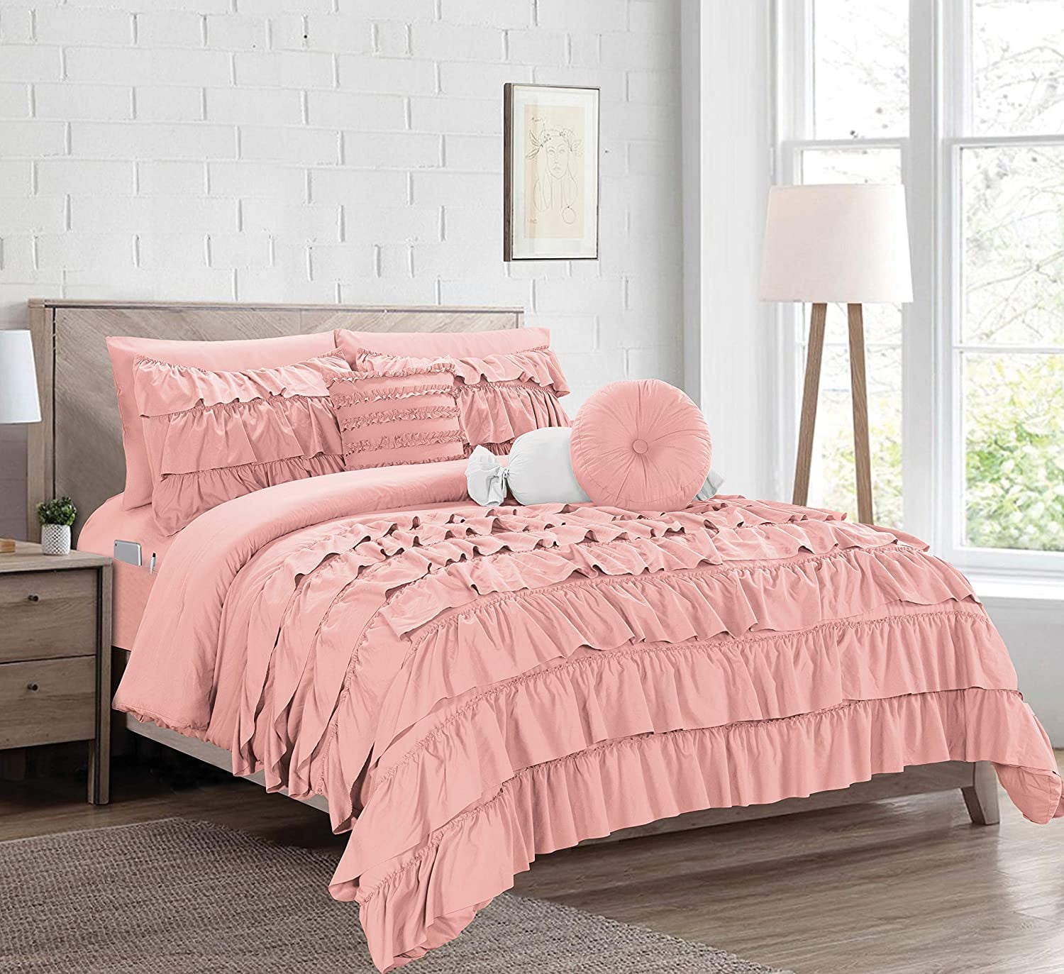 Elegant Comfort 10-Piece Bed-in-a-Bag, Multi-Ruffle Comforter Set, Includes Bed Sheet with Double Sided Storage Pockets & Decorative Pillows, Multi-Ruffle Comforter Queen Dusty Rose