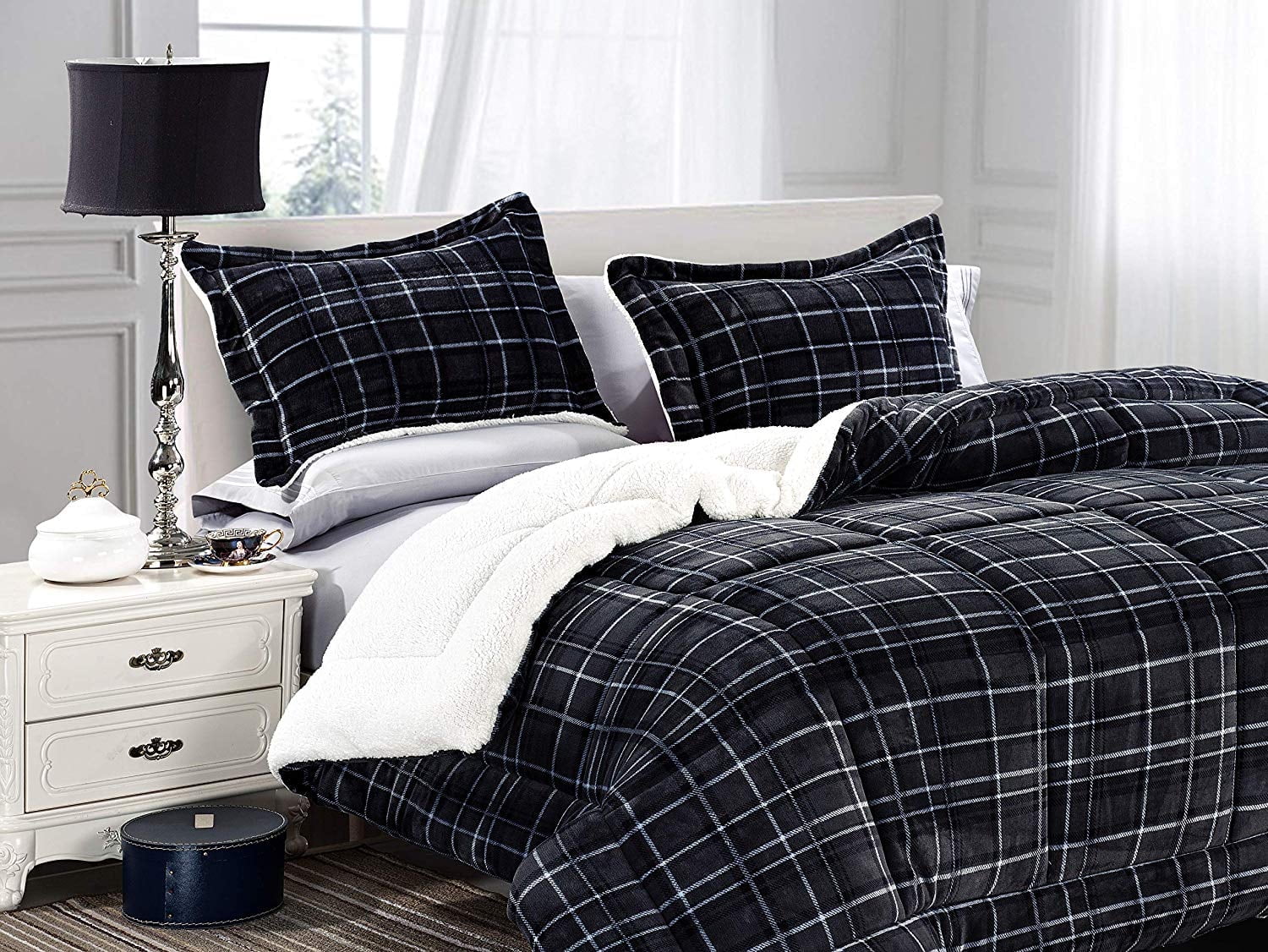 Elegant Comfort 1500 Premier Hotel Collection 3 Pieces Comforter Set Queen, Black Plaid