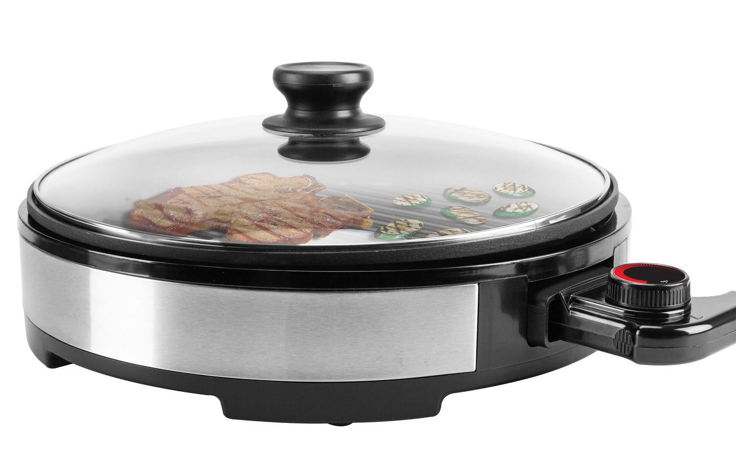 Elite Cuisine 12'' Circular Adjustable Thermostat Stainless Steel Electric BBQ Grill with Glass Lid