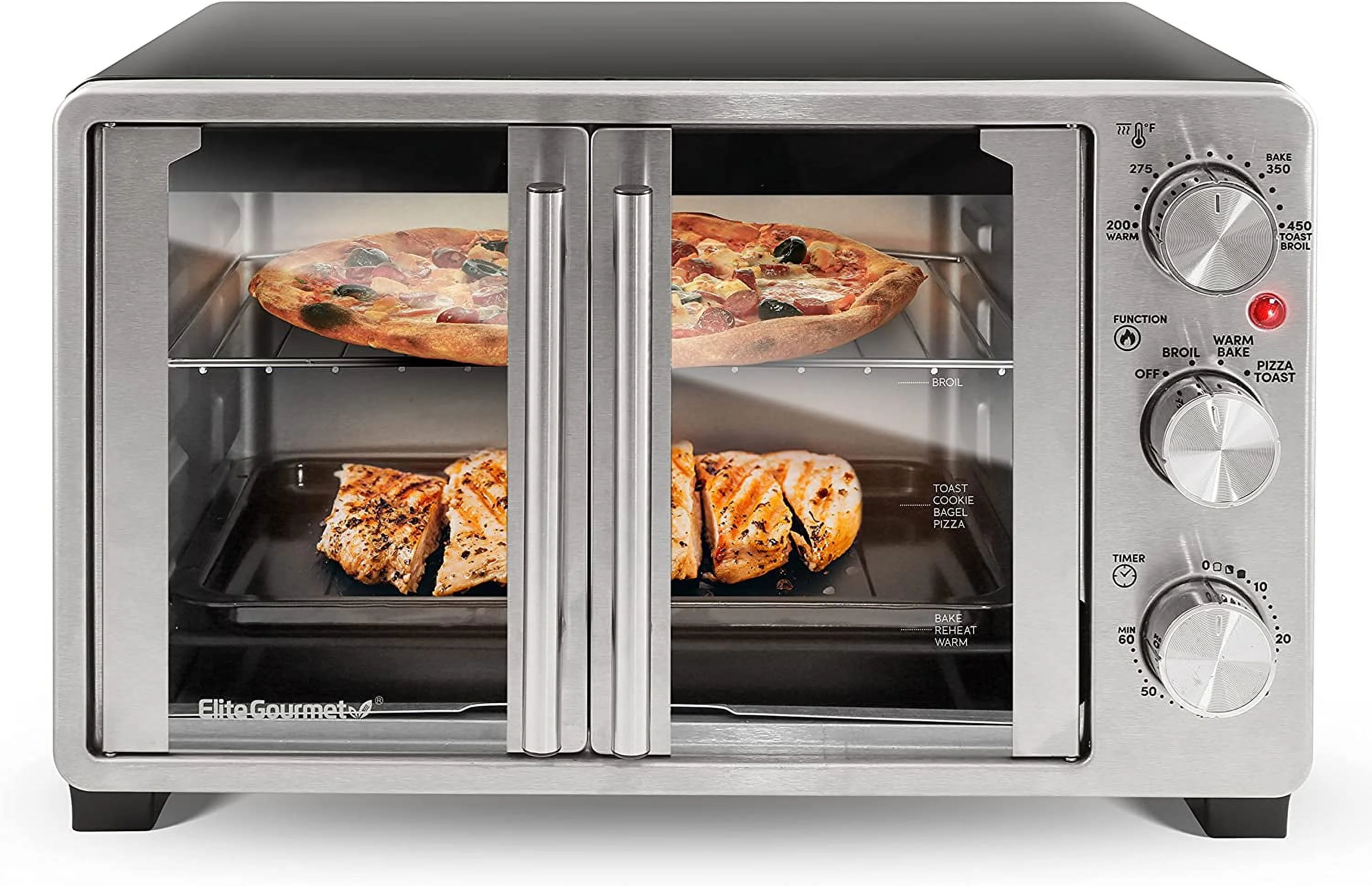 Elite Gourmet ETO2530M New Double French Door Toaster Oven fits 12" Pizza, Stainless Steel