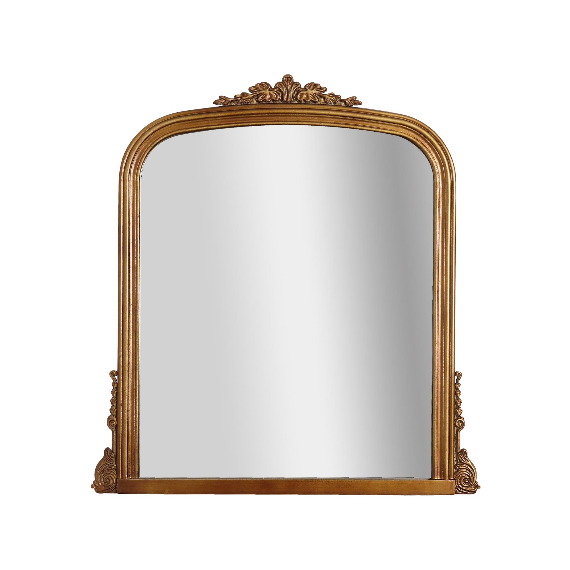 Brushed Gold Wood Ornate Vintage-Inspired Decorative Accent Wall Mounted Rectangle Mirror - 32" x 30" x 1"