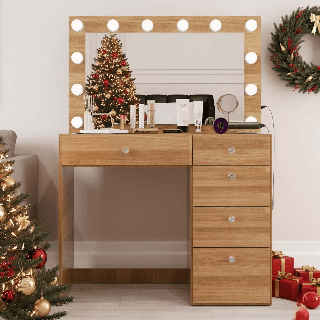 Ember Interiors Ghada Modern Brown Makeup Vanity Desk with Built-in Lights and USB Port for Bedroom
